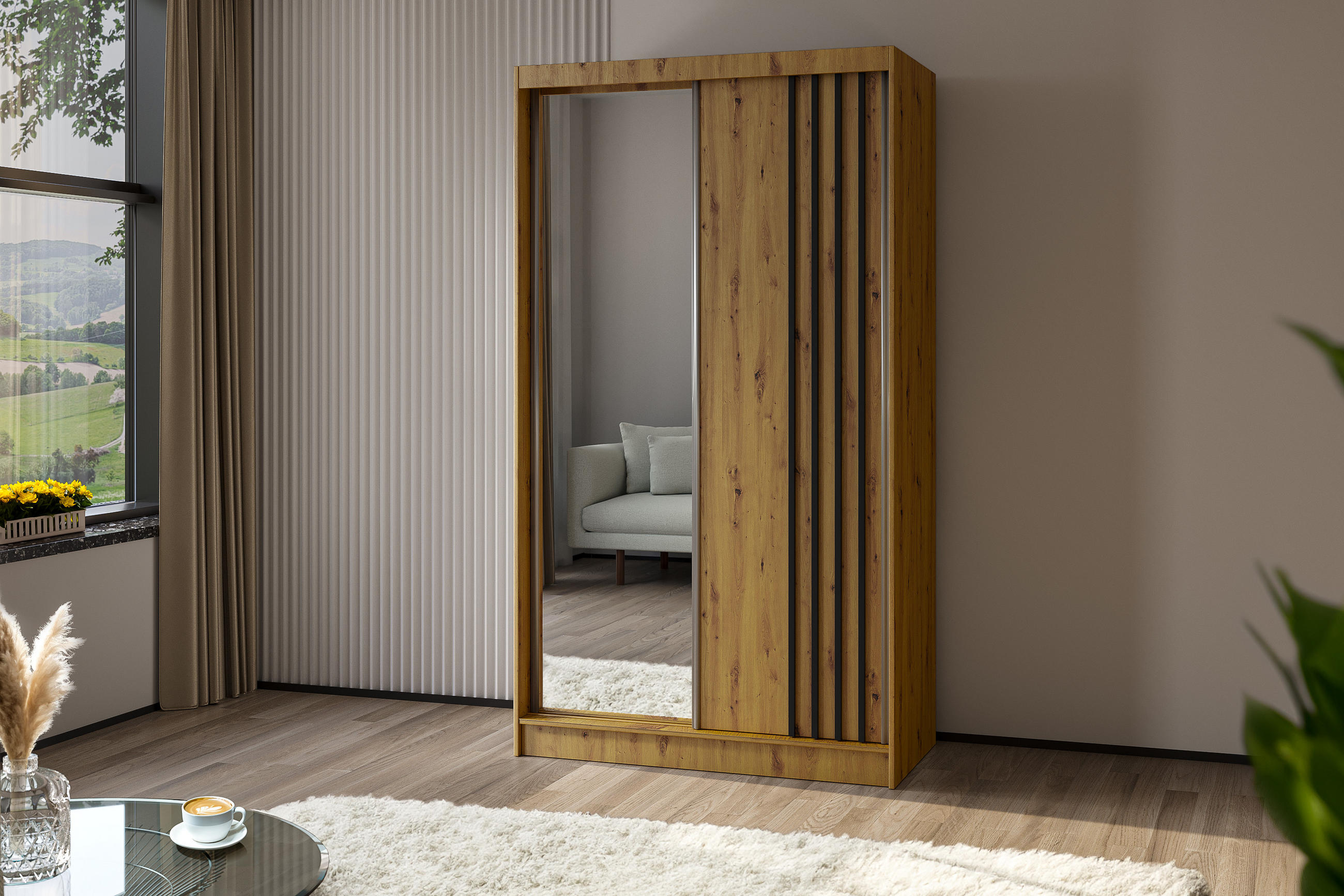 KLEIDERSCHRANK mit Spiegel-Schiebetüren und Aluminium-Leisten - NALLA - 120 cm Artisan+Artisan+Schwarz - Schwarz/Eiche Artisan, Holzwerkstoff (120/216/61cm) - ALTDECOR