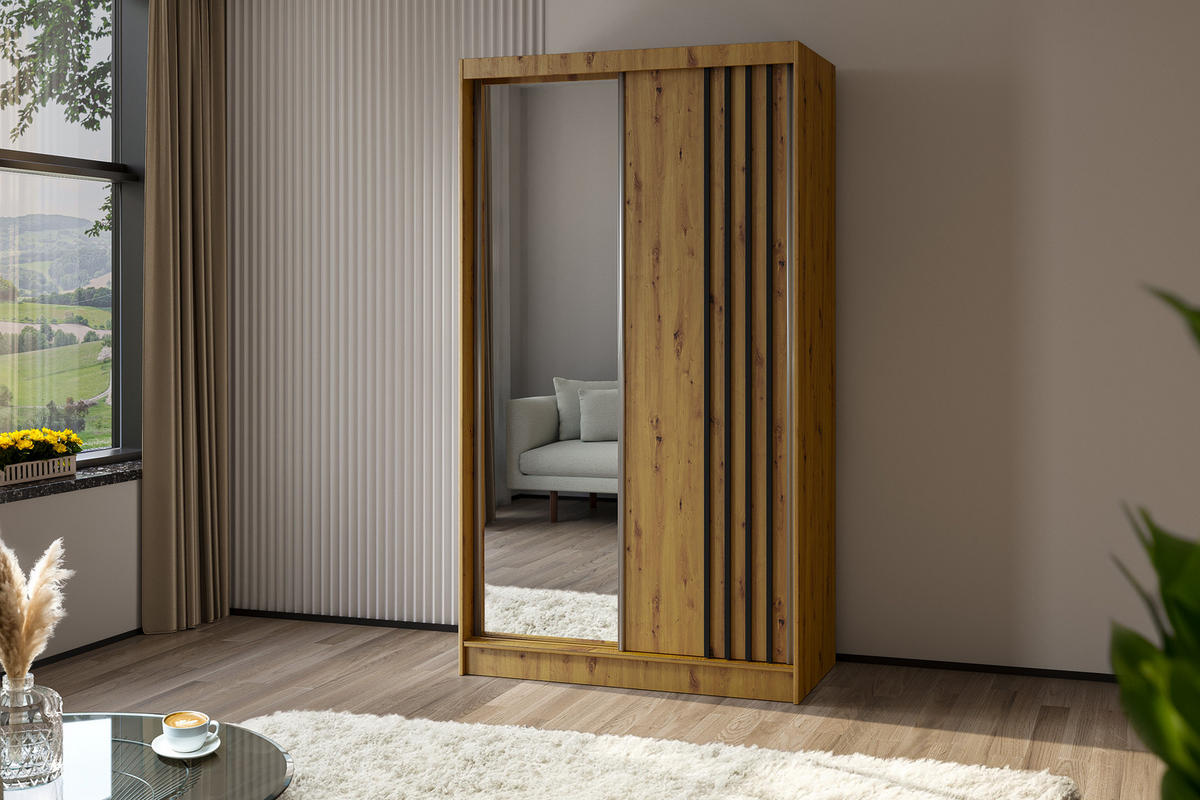 KLEIDERSCHRANK mit Spiegel-Schiebetüren und Aluminium-Leisten, LED-Beleuchtung - NALLA - 120 cm Artisan+Artisan+Schwarz - Schwarz/Eiche Artisan, Holzwerkstoff (120/216/61cm) - ALTDECOR
