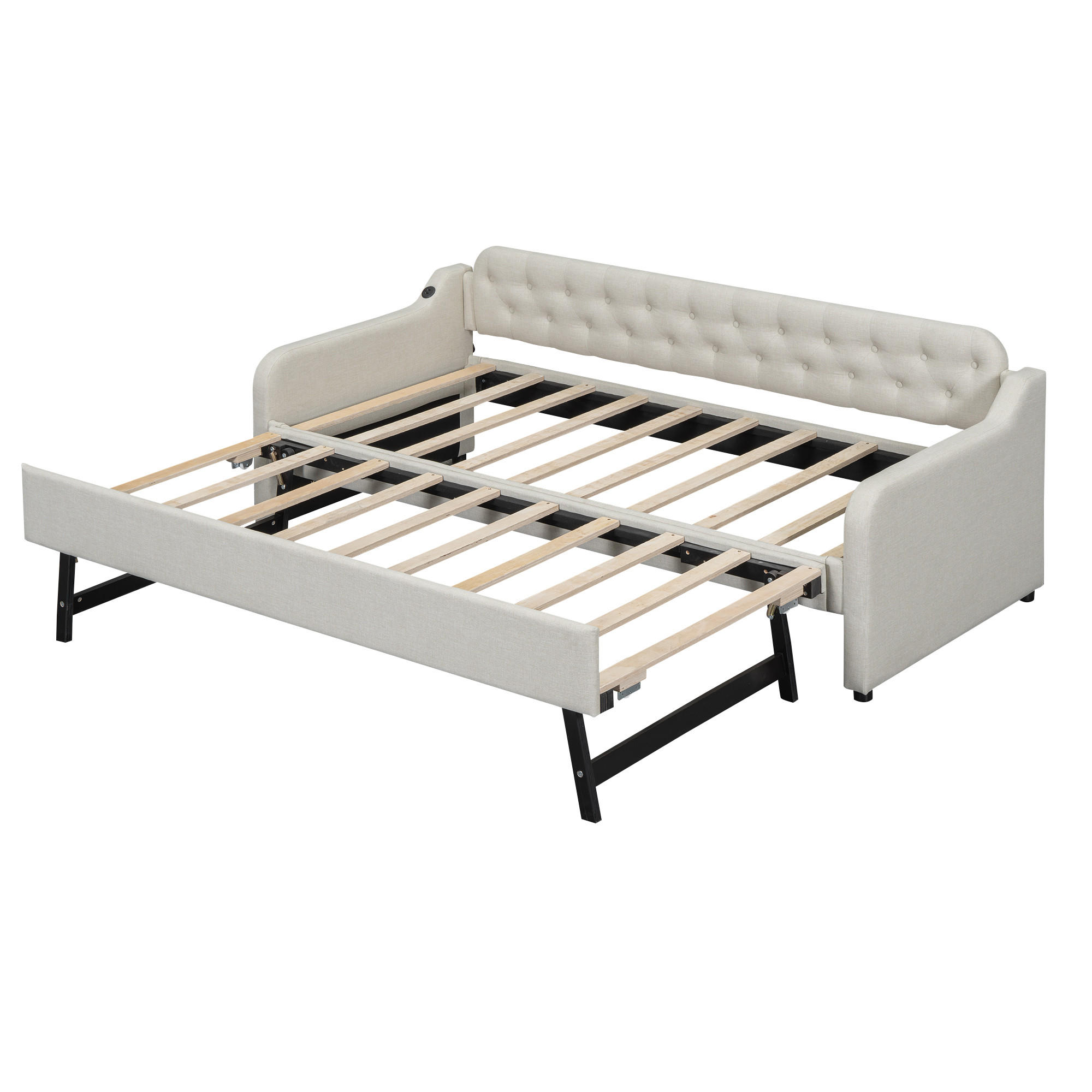 TAGESBETT 90/200 cm DE-04892, mit Ausziehbett und USB in Beige - Beige, Holzwerkstoff (90/200cm) - ComfortXL