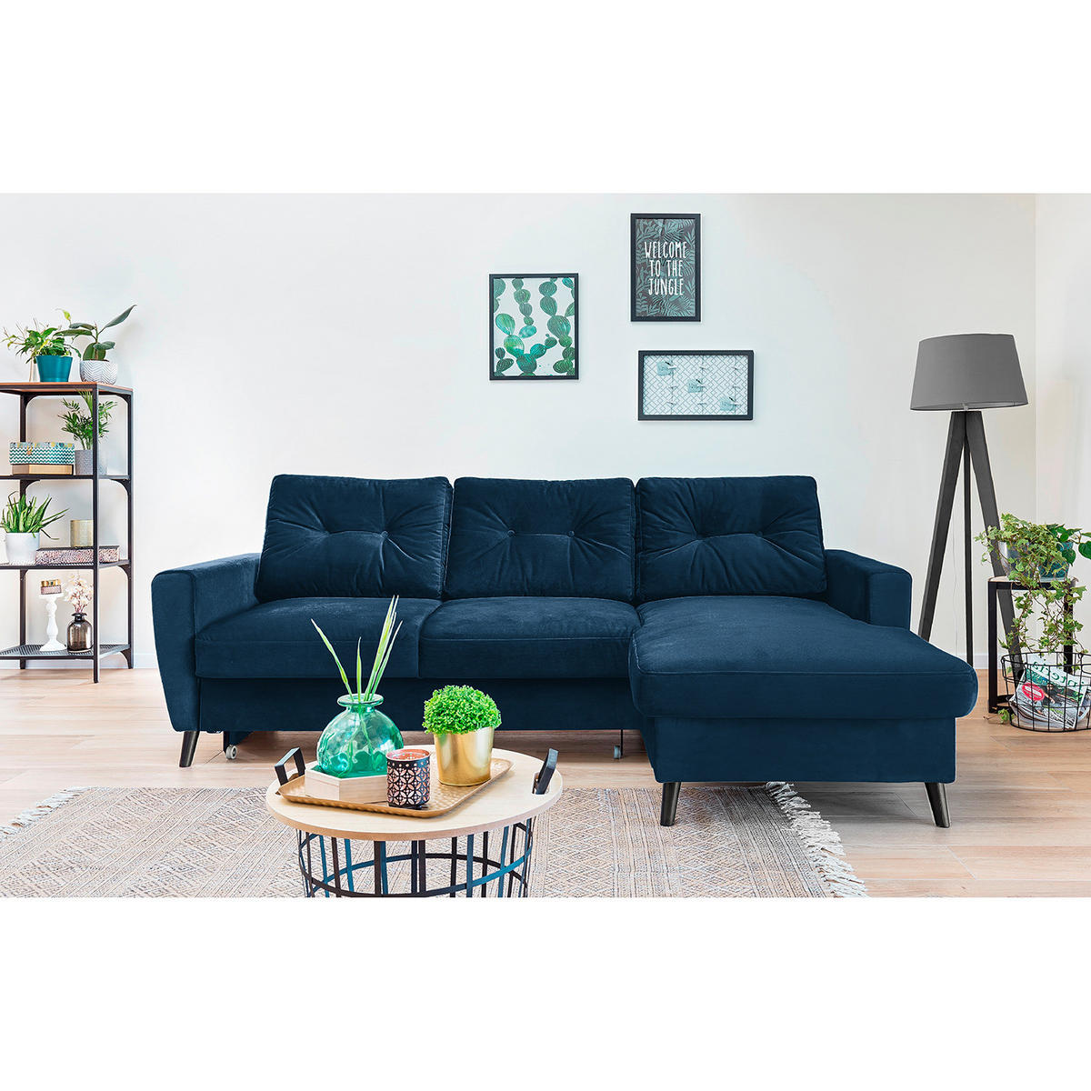 ECKSOFA mit Longchair - Petrol/Schwarz, Buchenholz/Textil (233/148cm) - home24