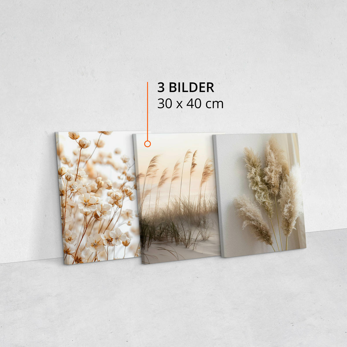 LEINWANDBILDER 3-es Set Blumen Strand 3D - Beige/Weiß, Textil (90/40cm) - Muralo