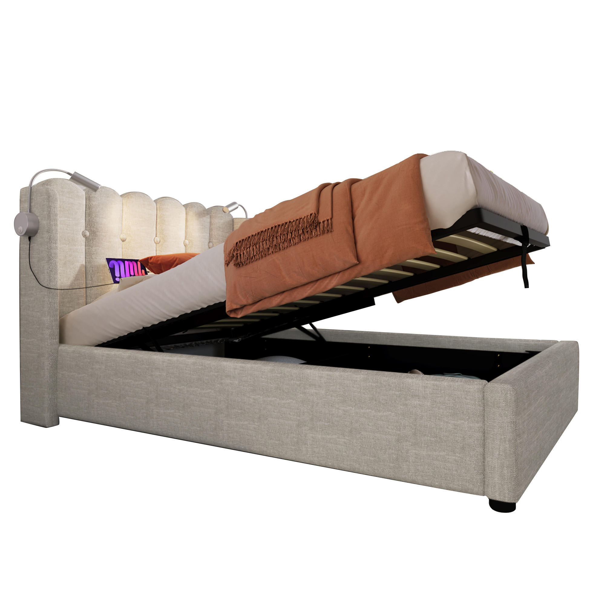 BETT mit Stauraum, USB und Leselicht 90x200 cm Leinen Natur - Beige, Metall (90/200cm) - Meubliv
