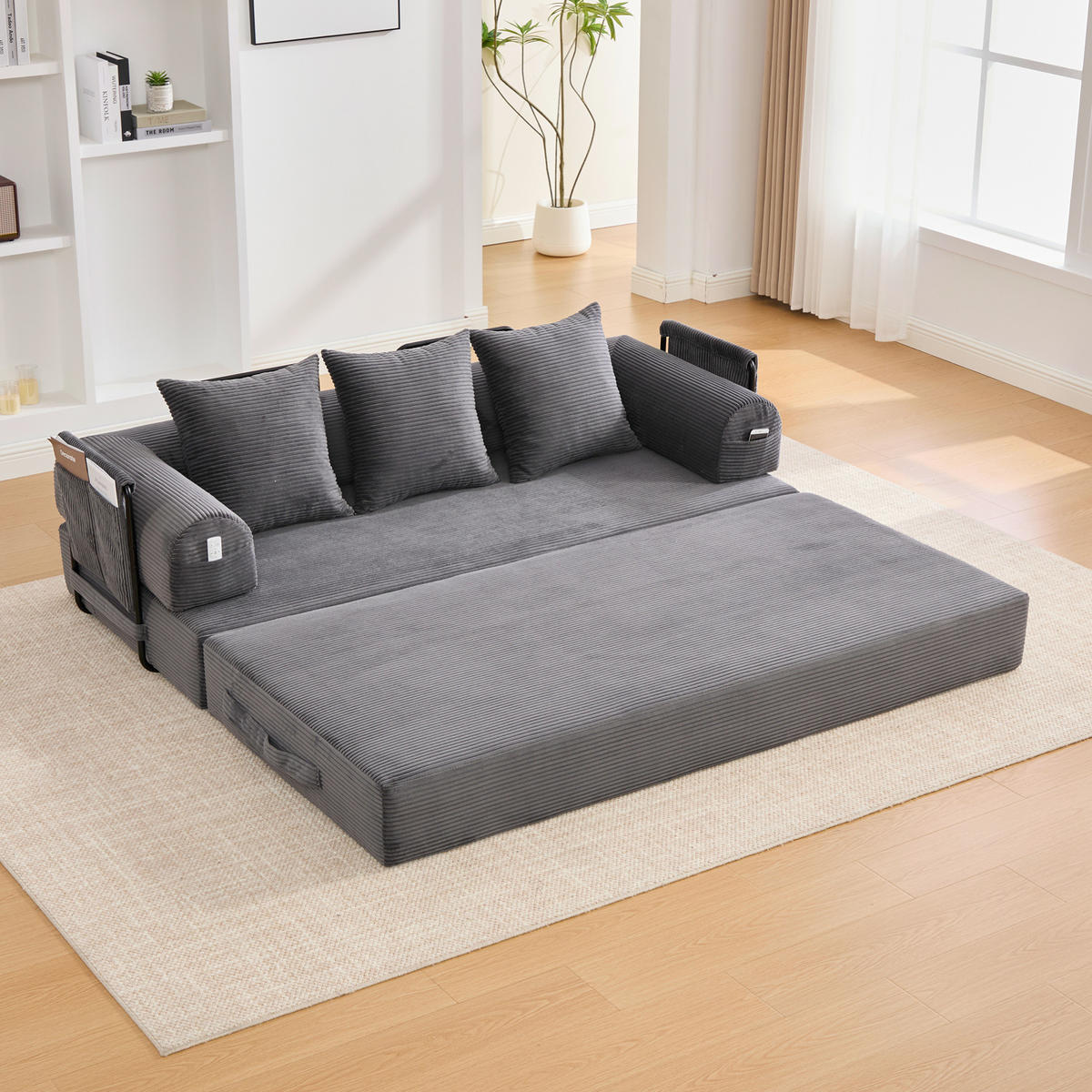 SOFA 200/94/67 cm aus Cord mit Metallgestell und 3 Kissen Dunkelgrau - Dunkelgrau, Textil (94/67/200cm) - Modenvie