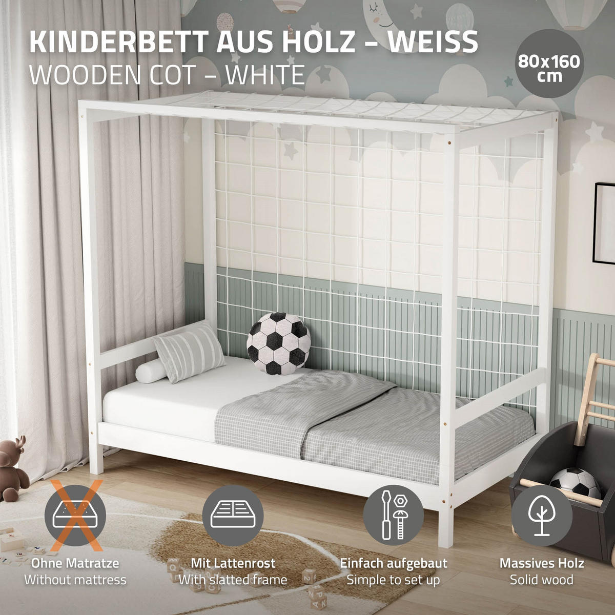 KINDERBETT Fußballtor 80x160 cm Weiß - Weiß, Holz (80/160cm) - ML-DESIGN