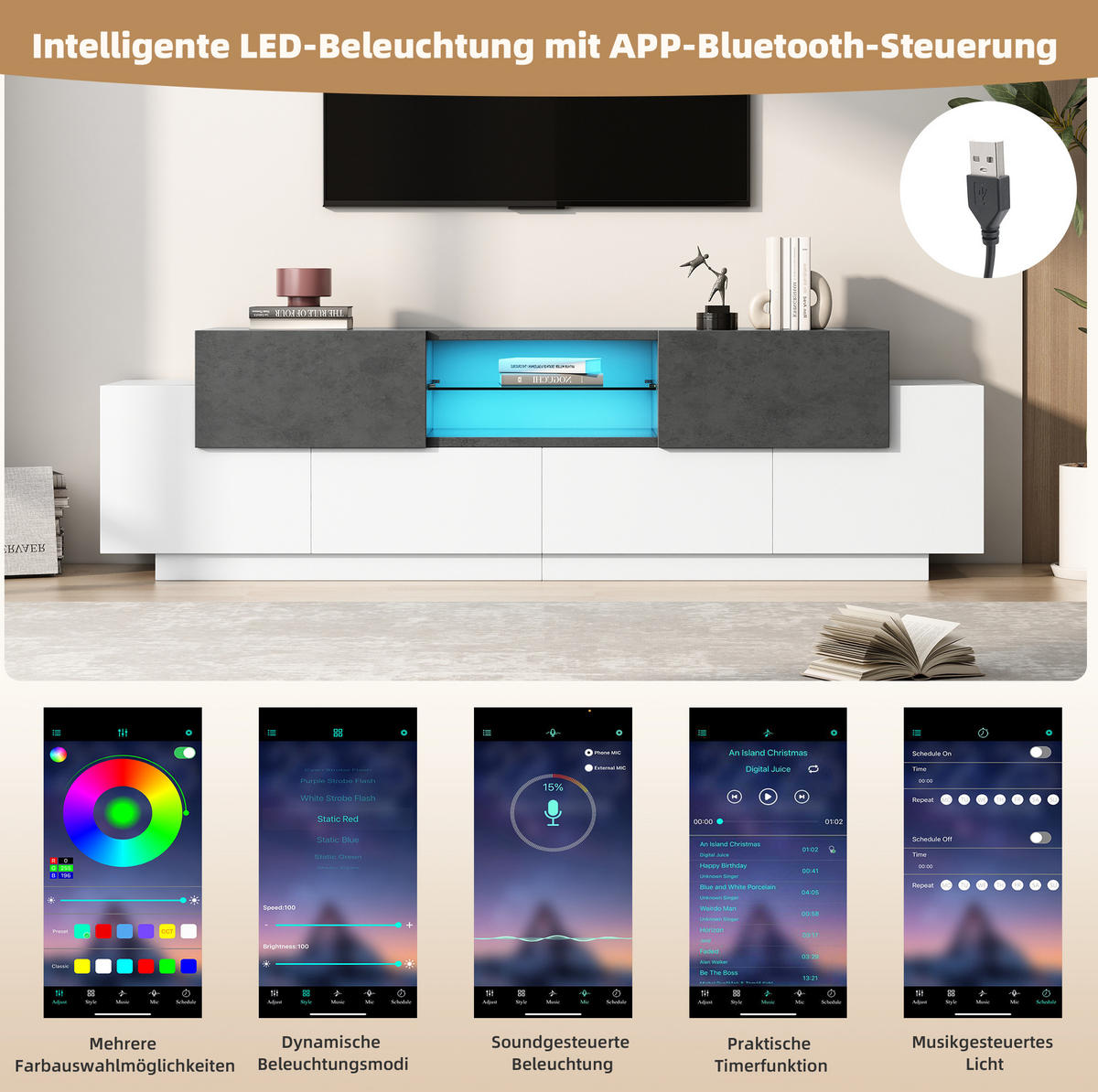 LOWBOARD 180/40/45 cm Weiß/Grau aus Spanplatte mit LED-Beleuchtung - Weiß, Holzwerkstoff (40/45/180cm) - OKMYHOME