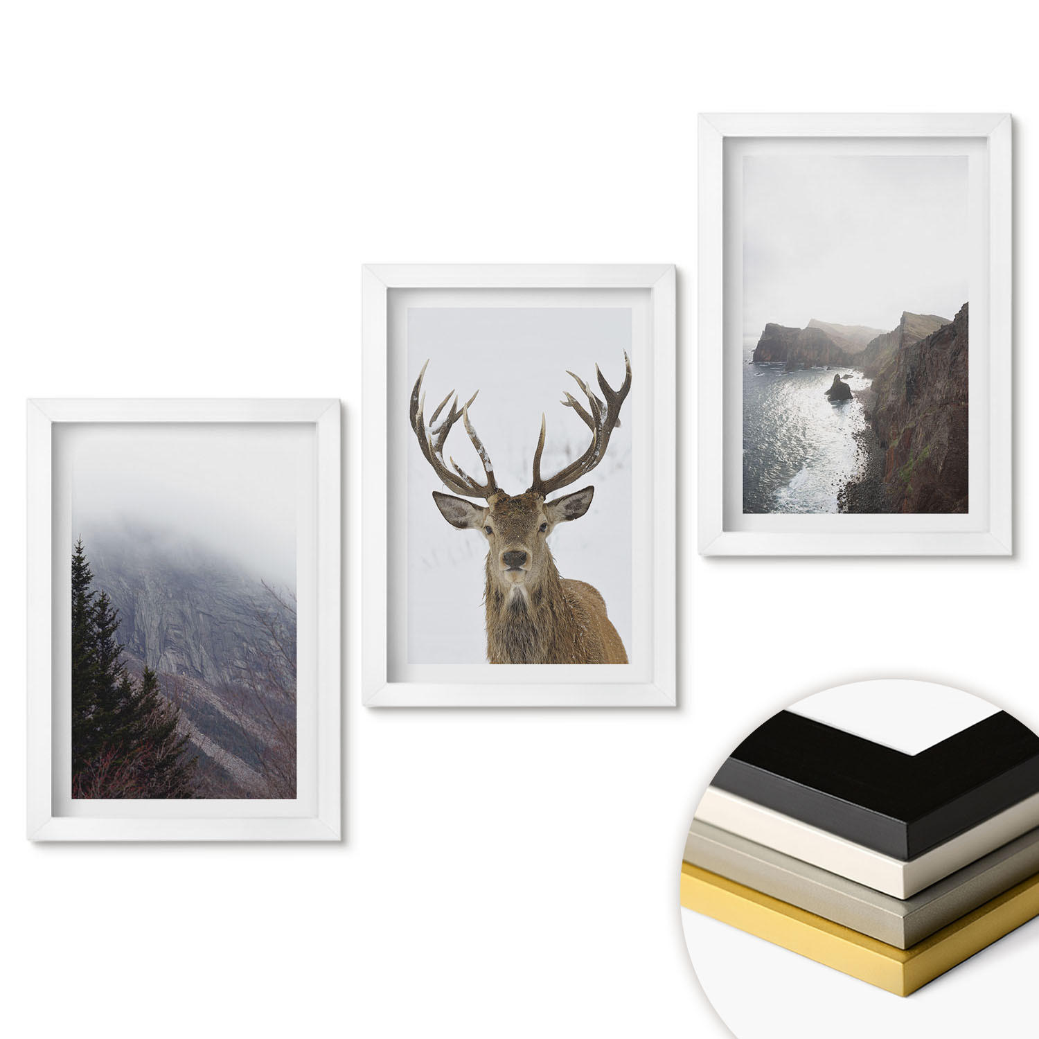 WANDBILDER 3er-Set - 20x30 cm Weißer Rahmen - Berglandschaft mit Hirschen - Weiß, Kunststoff (20/30cm) - ArtPrintCave