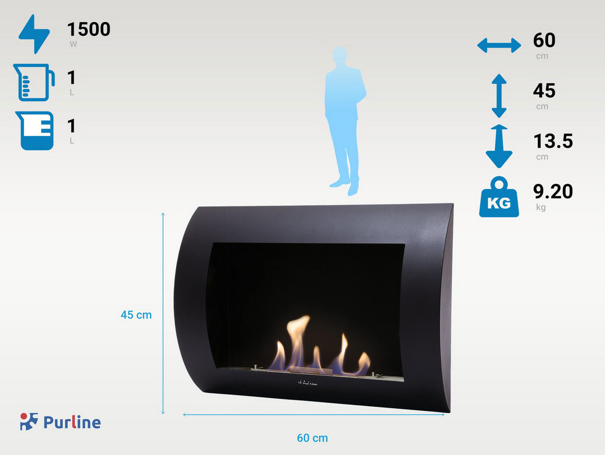 BIOETHANOL-KAMIN Schwarz Wandmodell inklusive 1 L Brennblock - Schwarz, Metall (60/45/14cm) - Purline