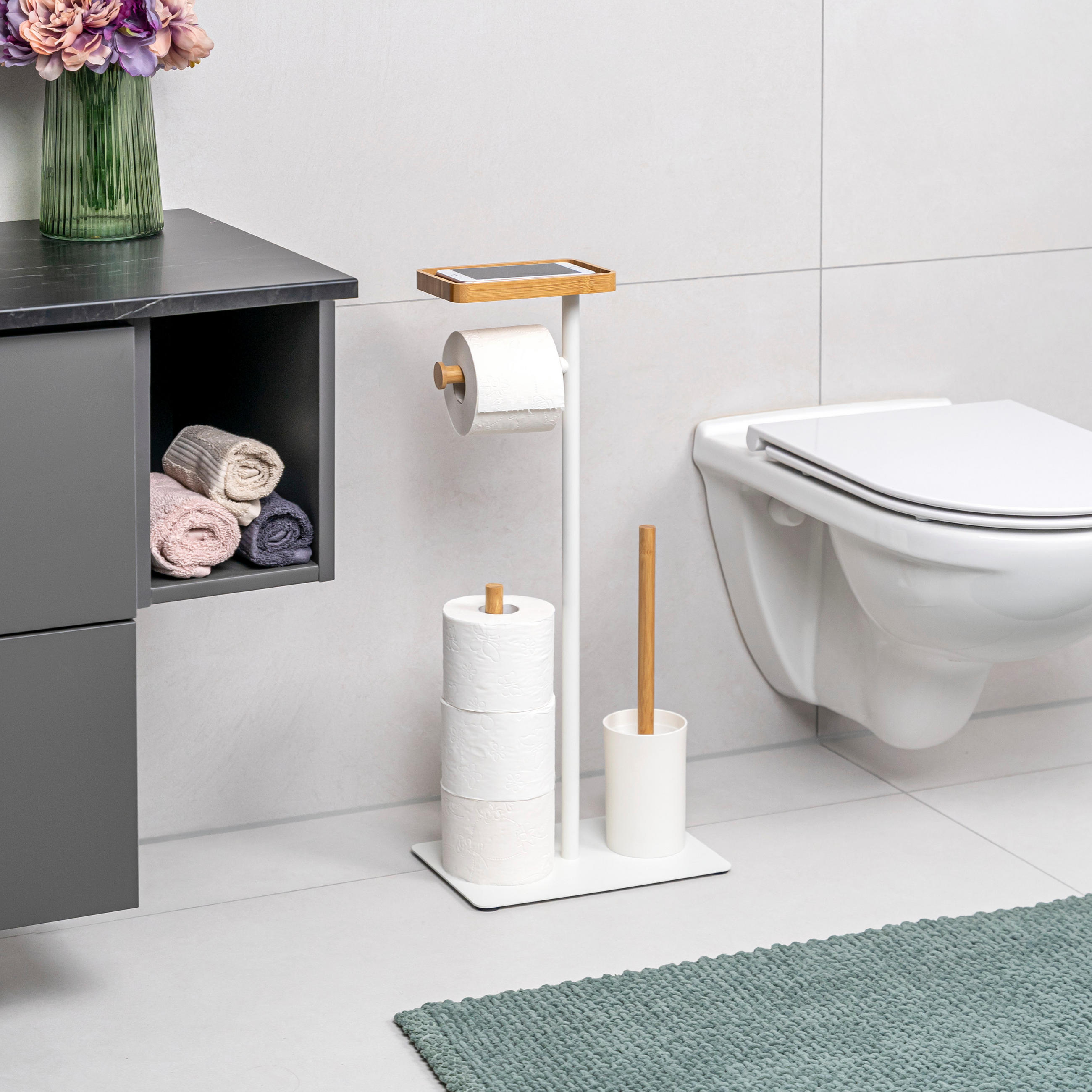 STAND-WC-GARNITUR 4in1, Bambus/Metall weiß - Weiß, Metall (30/68/18cm) - eluno