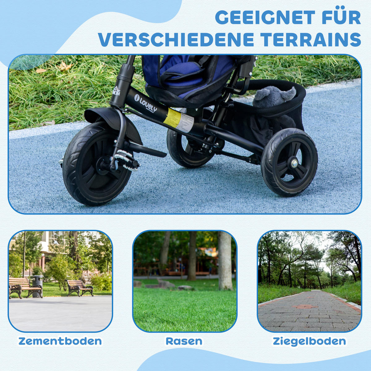 6-IN-1 Dreirad mit Schubstange, Kinderdreirad mit abnehmbarem Sonnendach - Blau, Metall (102/49/102cm) - HOMCOM