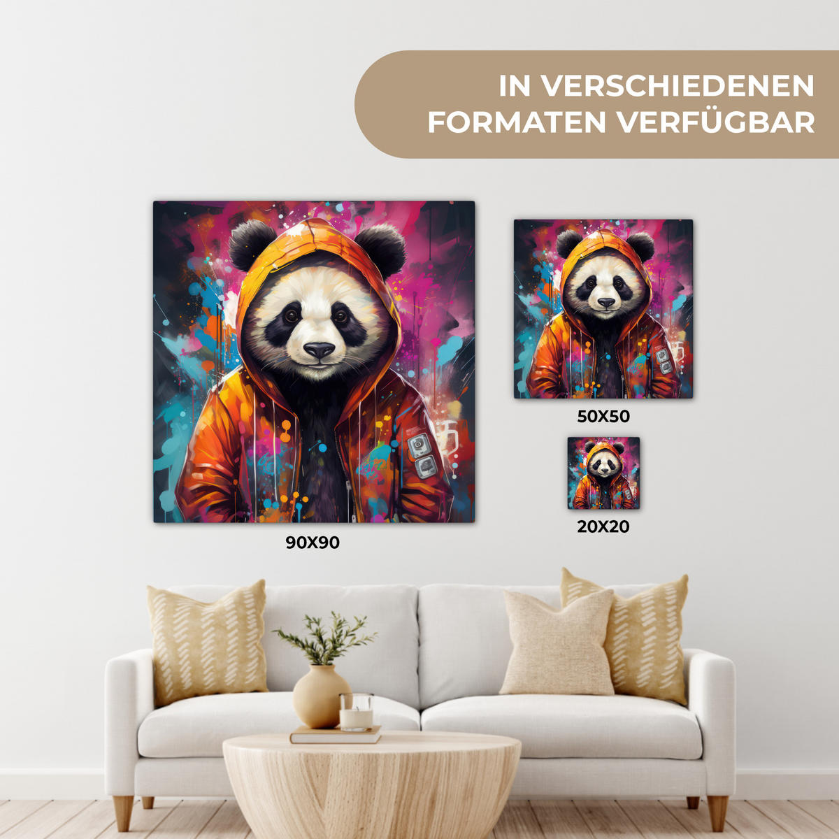 LEINWANDBILD Panda - Jacke - Graffiti - Orange 50x50 cm - Orange, Textil (50/50cm) - MuchoWow