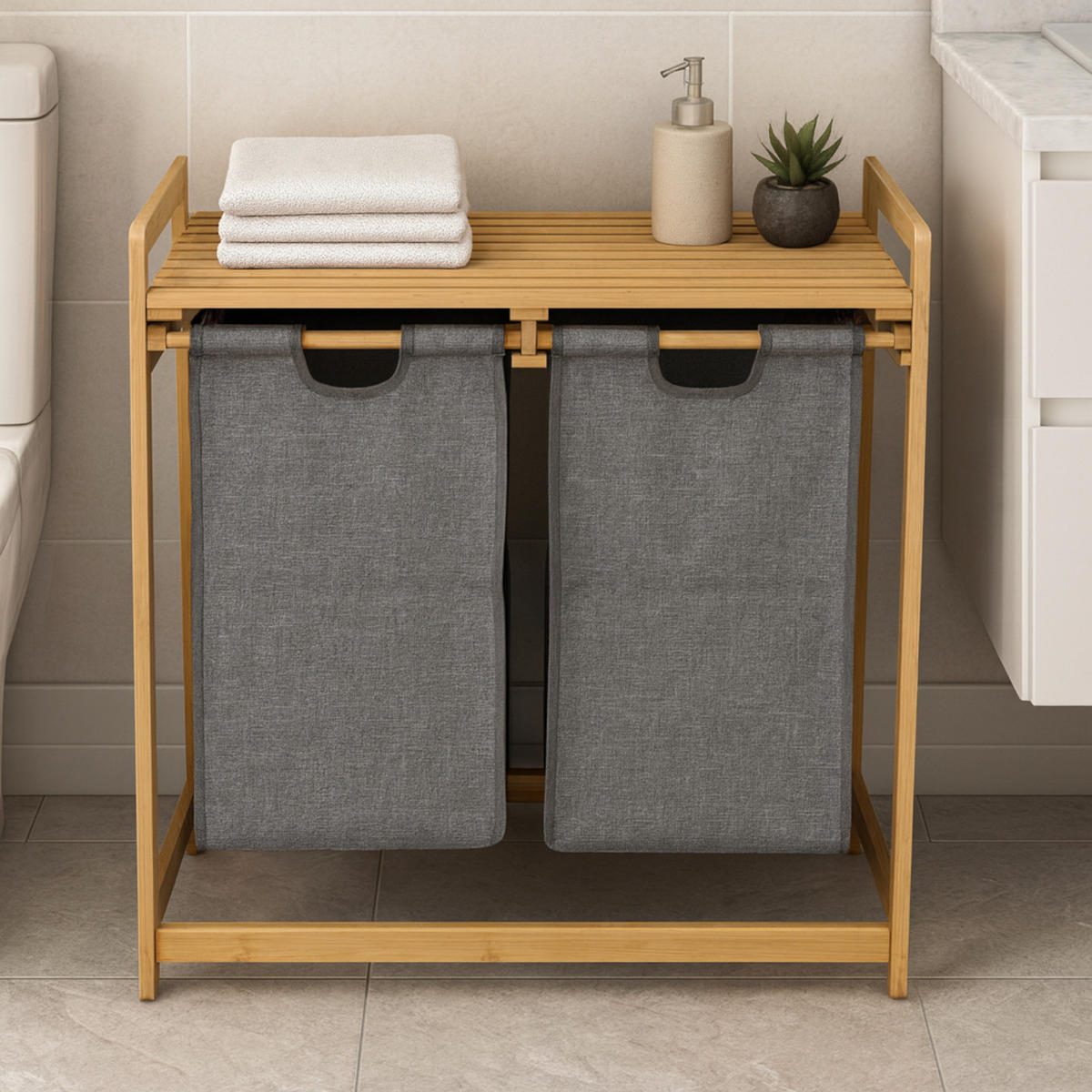 WÄSCHEKORB Bambus Textil Dunkelgrau Naturfarben 2 Kammern 70x35x68 cm - Dunkelgrau/Naturfarben, Holz/Textil (70/68/36.5cm) - Begryf