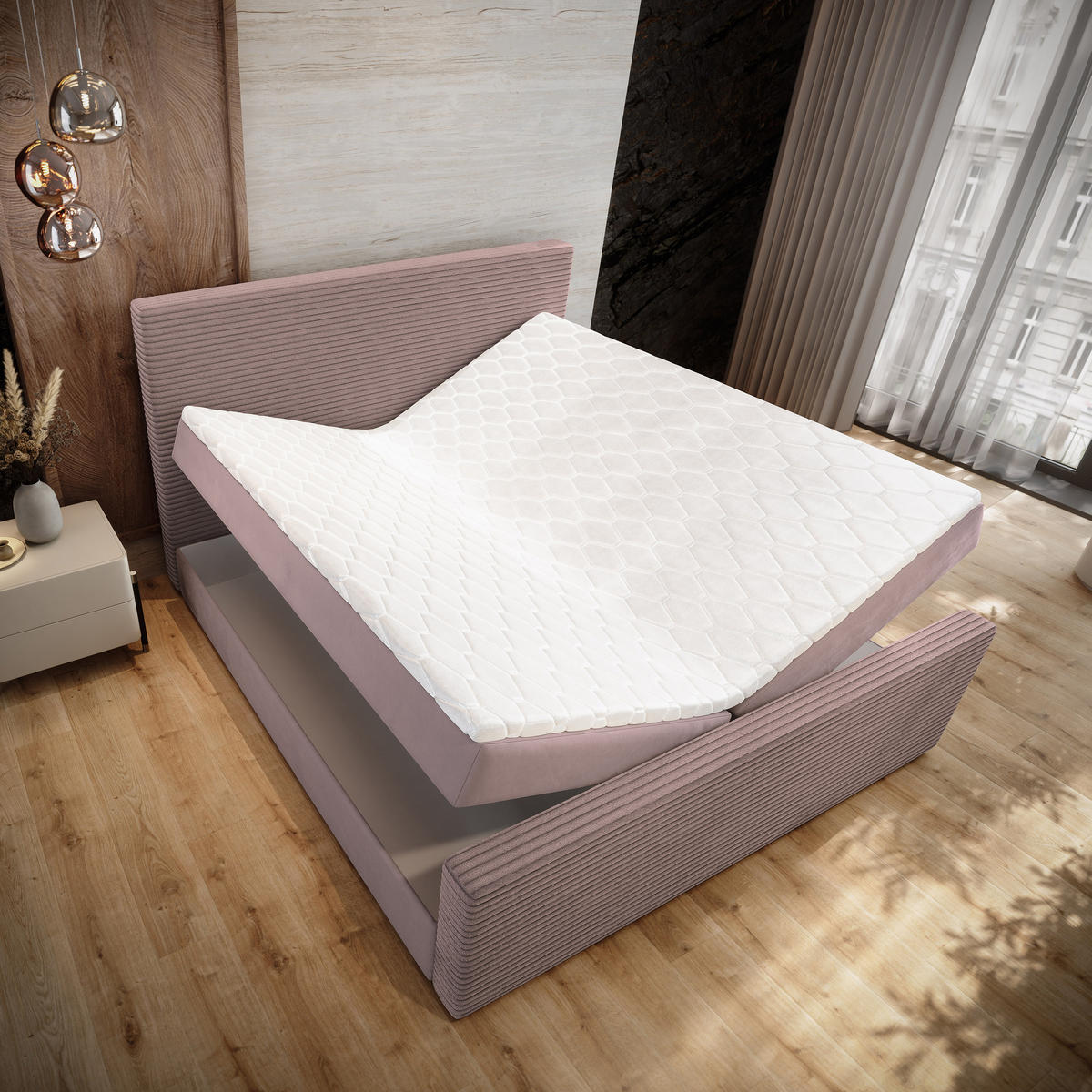 BOXBETT ALORIA 180x200 cm mit Matratze und Topper - Rosa - Rosa, Holz (180/200cm) - MASSENO