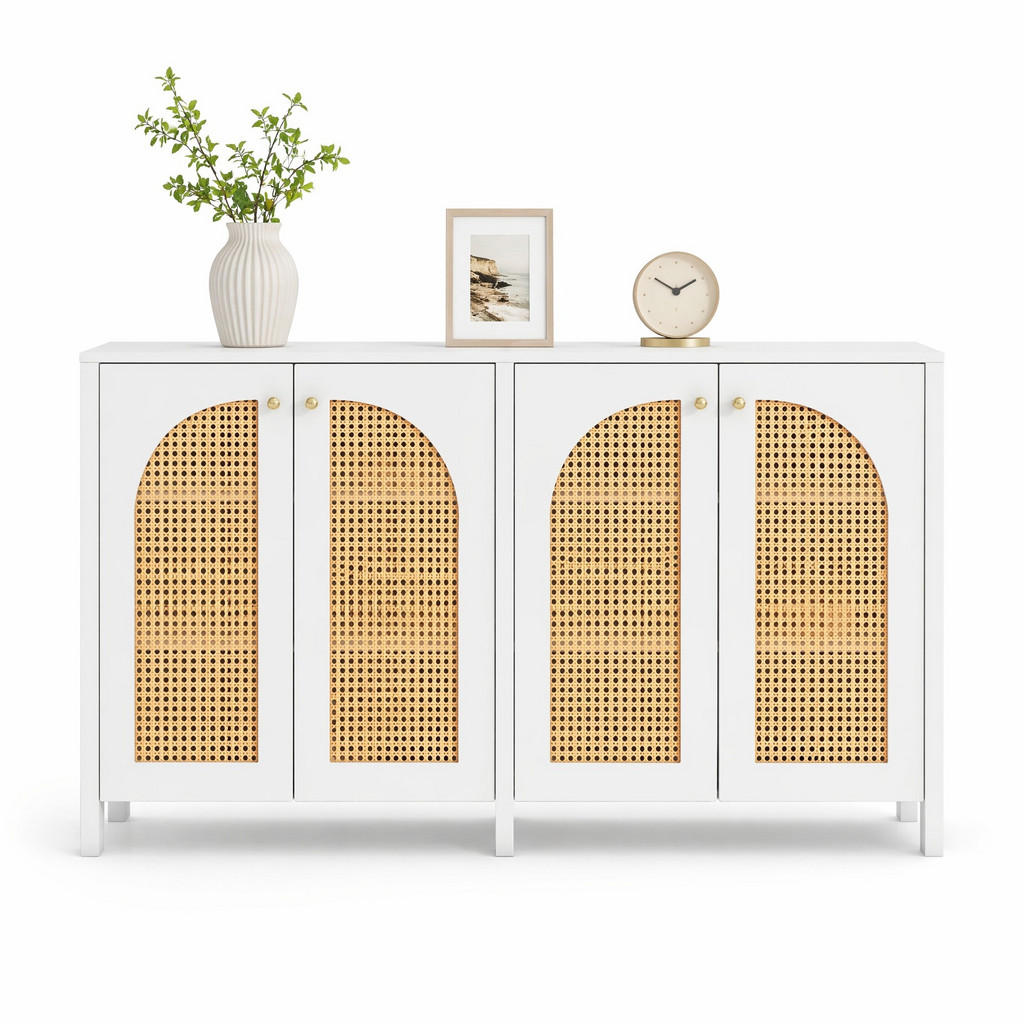 STILVORA KUCHYŇSKÁ SKŘÍŇ přírodní a bílá, 4 ratanová dvířka, do jídelny, kuchyně a obývacího pokoje, 145×80×40 cm