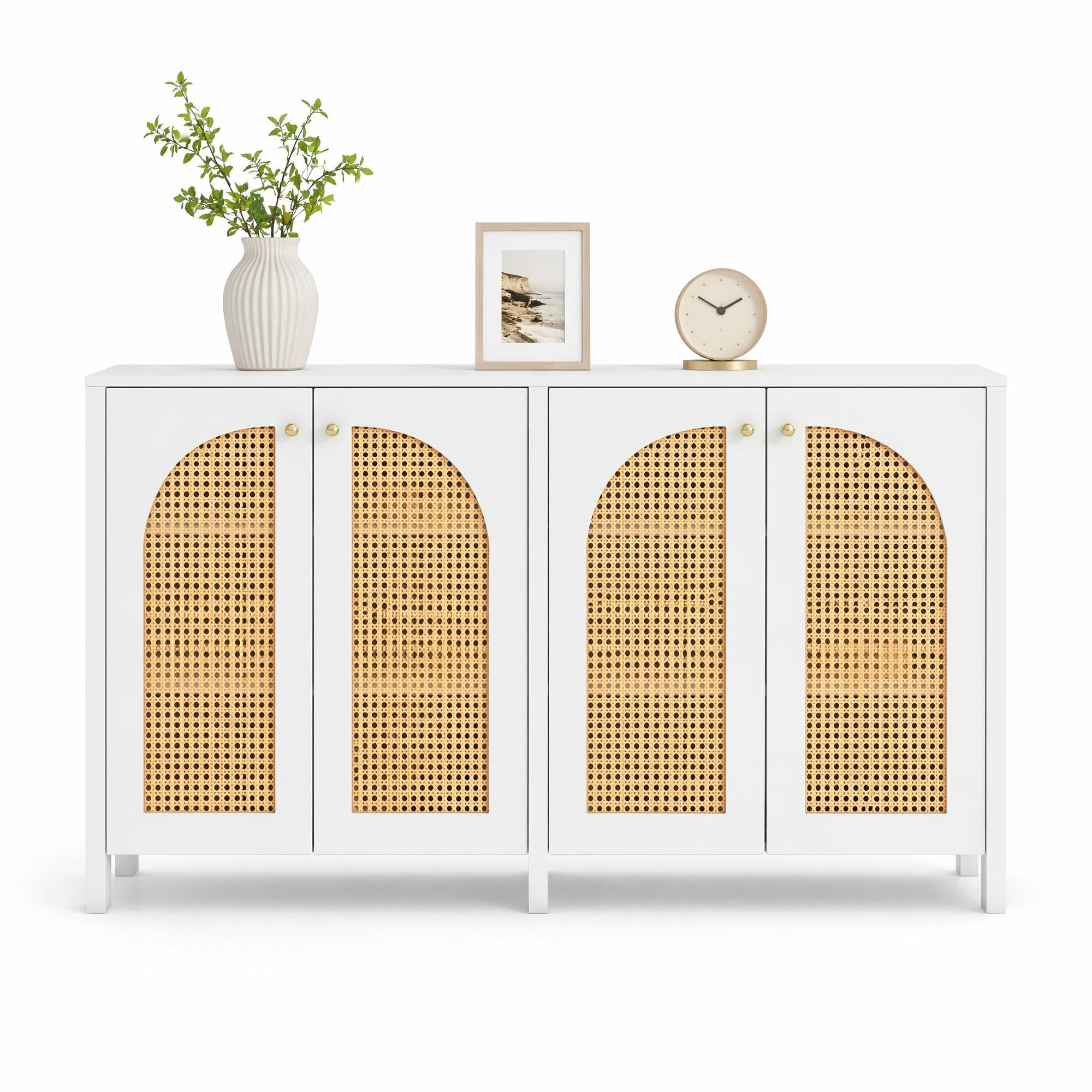 SIDEBOARD in Naturfarben und Weiß Anrichte mit 4 Rattantüren für Esszimmer, Küche und Wohnzimmer, B145/T80/H40 cm - Weiß/Naturfarben, Holzwerkstoff/Metall (145/80/40cm) - STILVORA