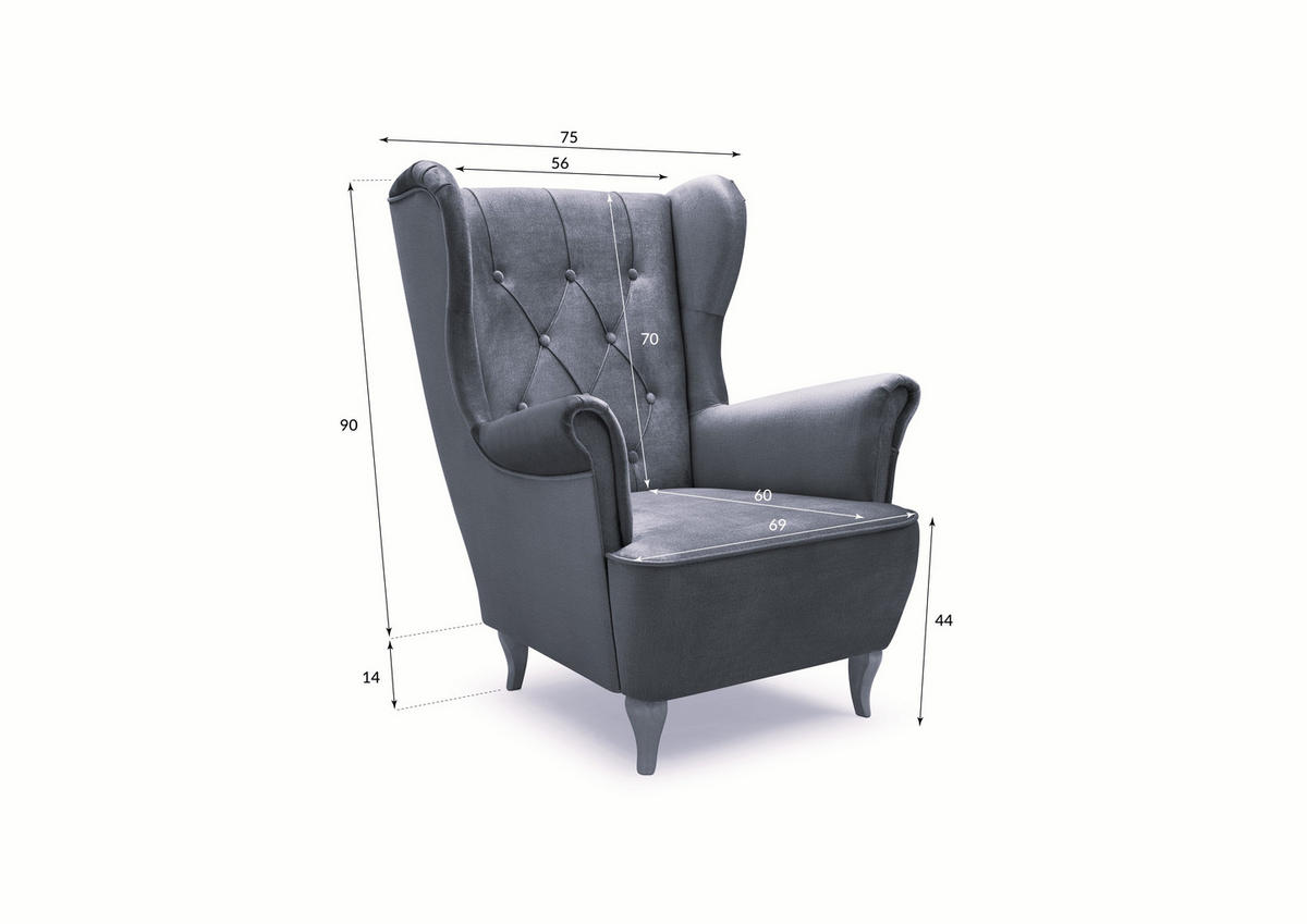 SESSEL TIBER, Polstersessel Glamour Loungesessel, Velours-Stoff Grau - Grau, Holz/Holzwerkstoff (75/104/85cm) - MASSENO