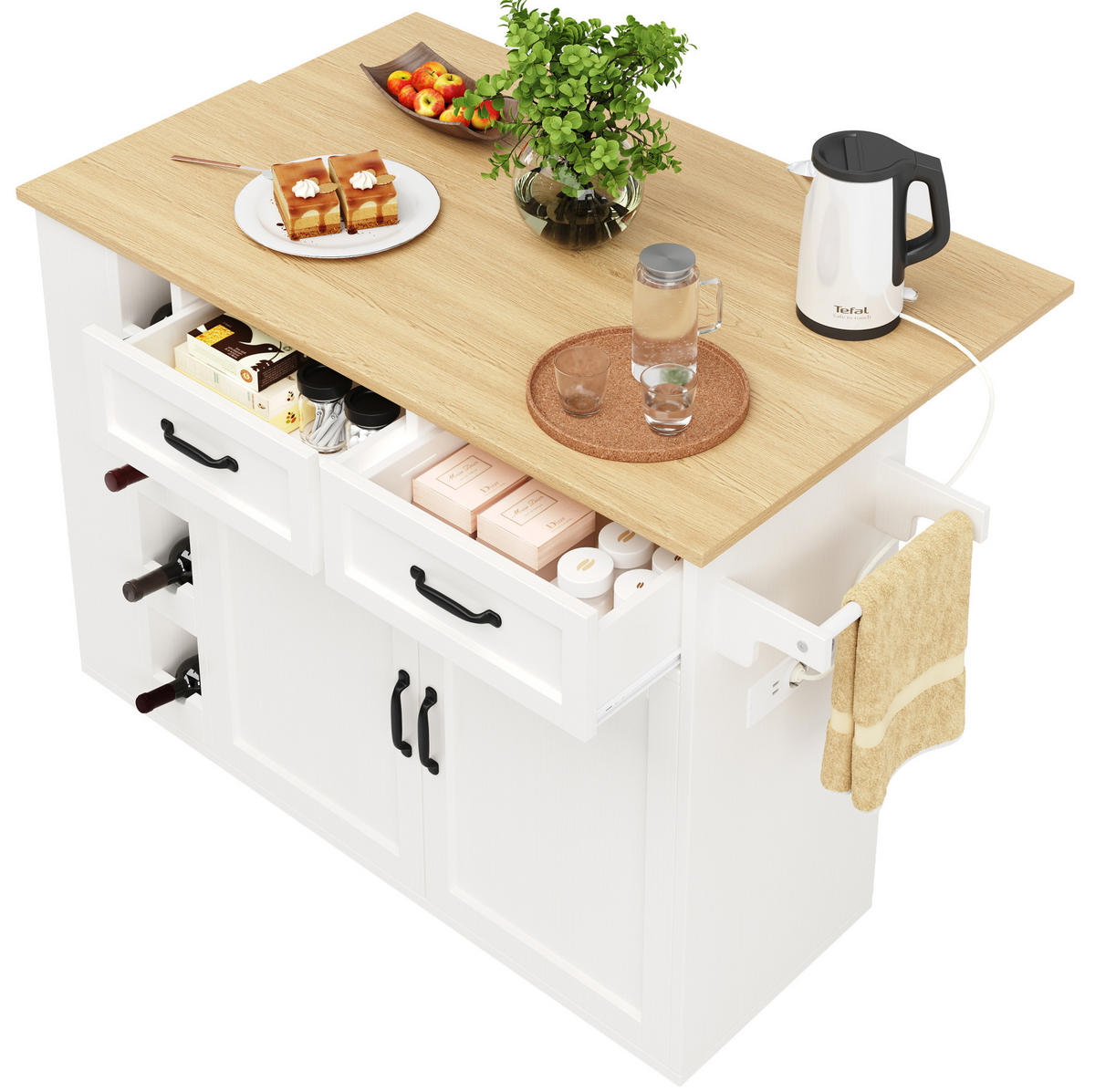KÜCHENINSEL 131,5/43/90,7 cm weiß natur mit Steckdosenleiste und Klappplatte - Weiß, Holzwerkstoff (131.5/90.7/43cm) - OKWISH