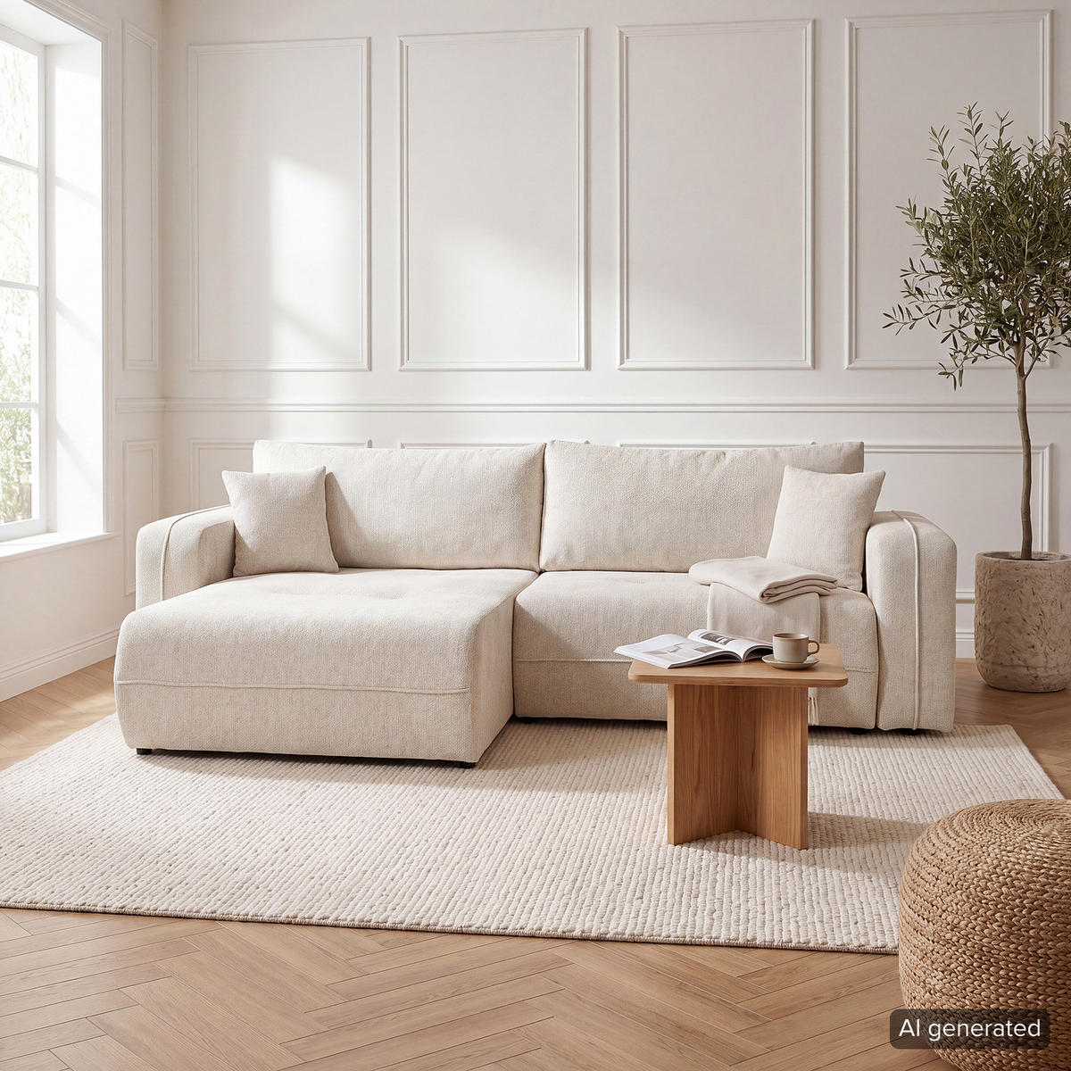 ECKSOFA mit Schlaffunktion - 244 cm - Beige/Schwarz, Kunststoff/Textil (244/145cm) - home24