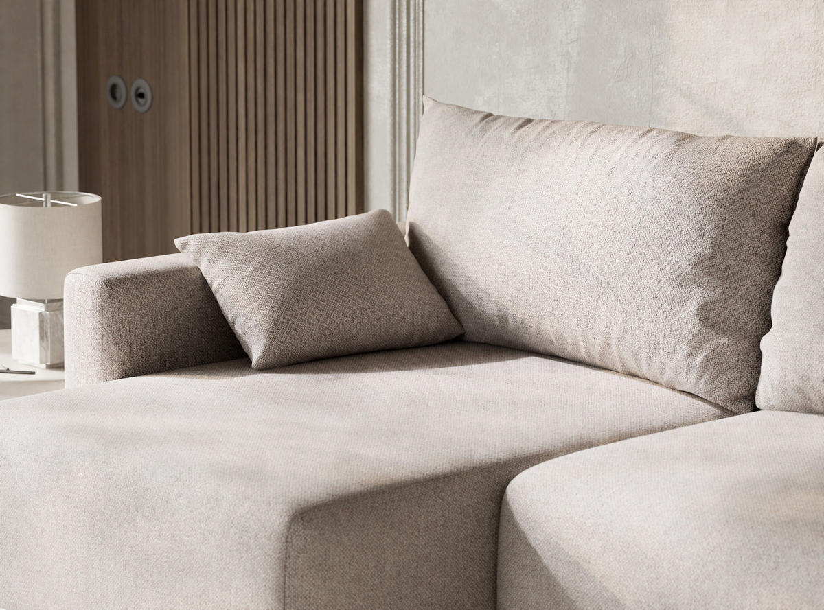 ECKSOFA MIT SCHLAFFUNKTION Leon Hellbeige Webstoff - Beige/Schwarz, Holz/Holzwerkstoff (148/239cm) - Maison de Reve