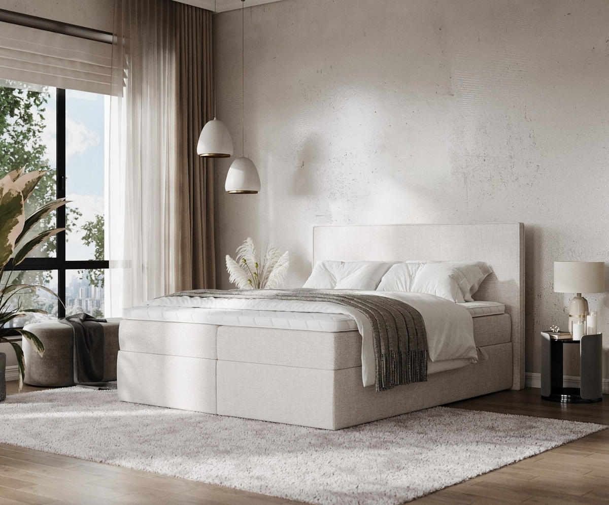BOXBETT Nuvia 180/200 cm Hellbeige im Neve Stoff - Sandfarben/Schwarz, Holz/Holzwerkstoff (180/200cm) - AltaBeds