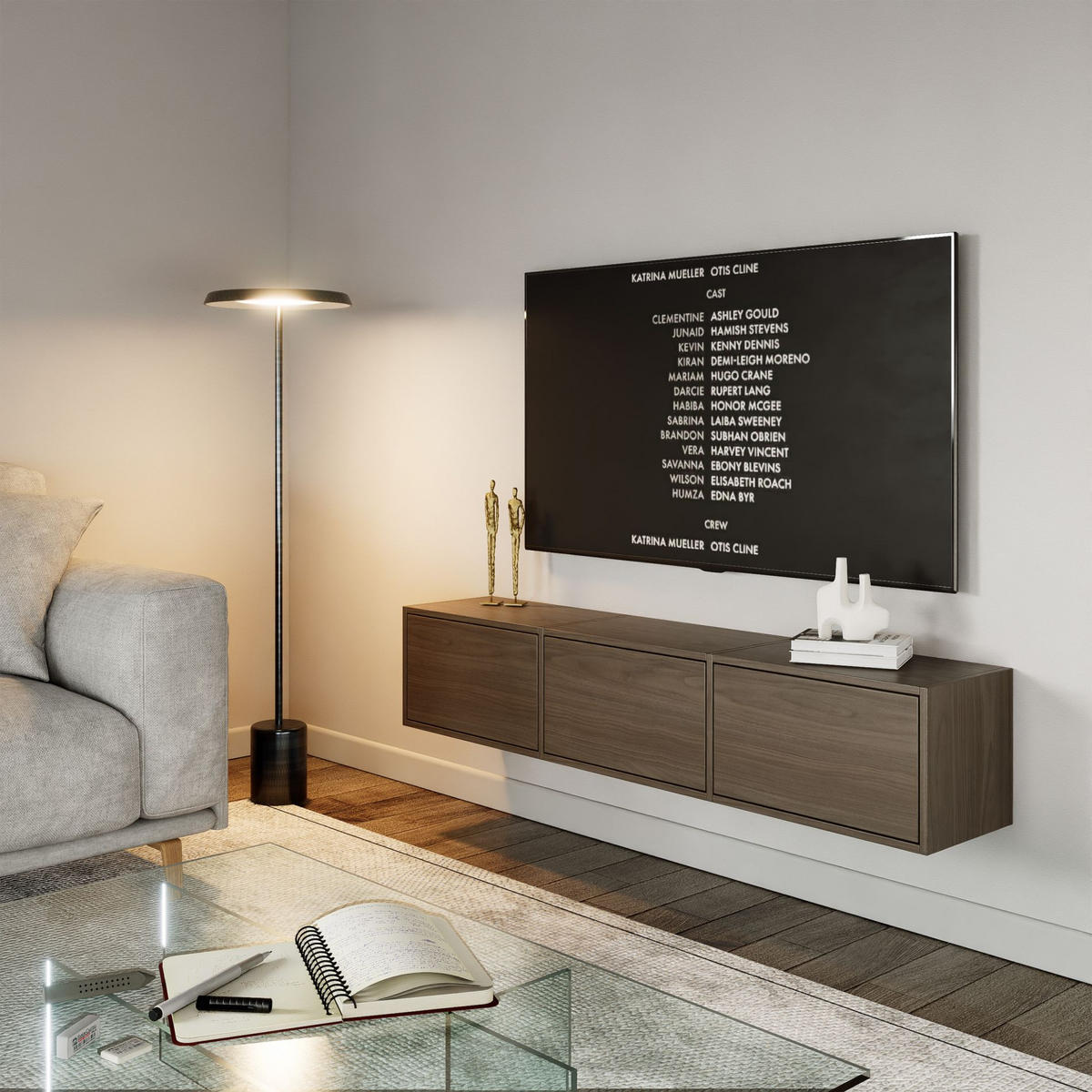 TV-LOWBOARD hängend, 3 Klappen, Walnuss, 150 cm - Dunkelbraun, Holzwerkstoff (150.1/30/30cm) - Selsey