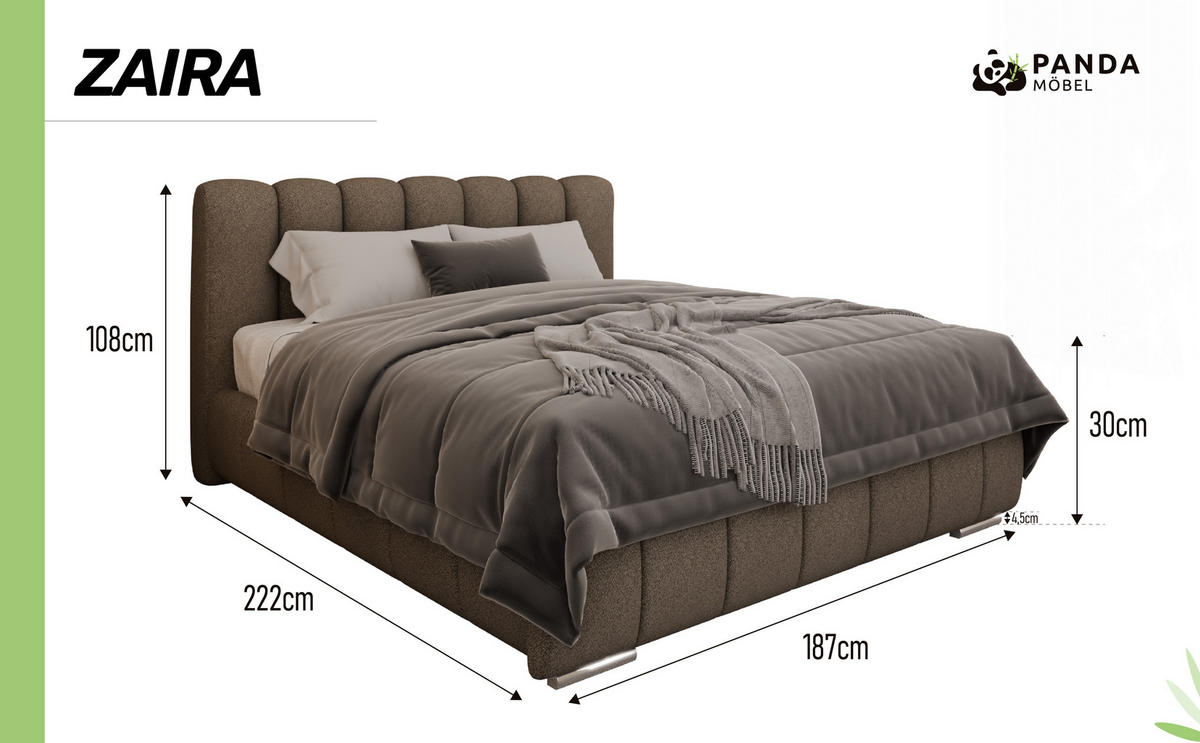 POLSTERBETT ZAIRA 160 x 200 cm mit Bettkasten und Lattenrost, 7-Zonen-Taschenfederkernmatratze CIRA (24 cm) – Braun - Braun, Holz (140/200cm) - Panda Möbel