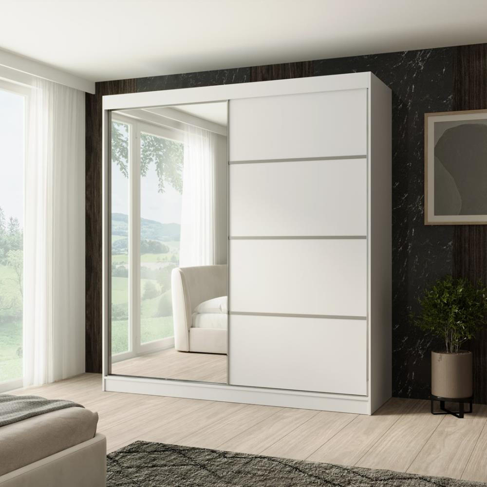 SCHWEBETÜRENSCHRANK Paco 200/215/61 2-türig weiß mit Spiegel - Weiß, Holzwerkstoff (200/215/61cm) - Beautysofa