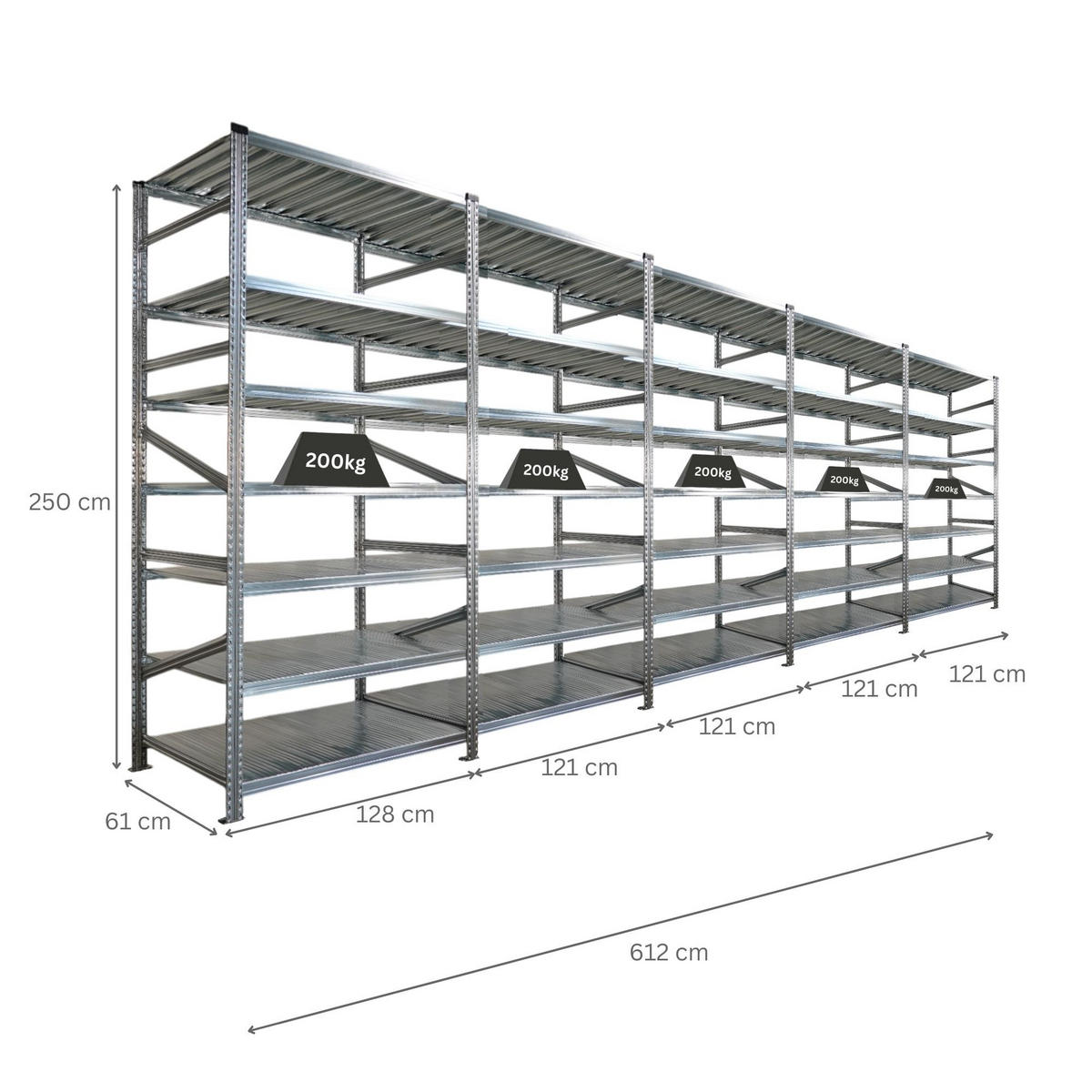 FACHBODENREGAL Proximo Stecksystem 250x600x60cm 7 Ebenen Beidseitig nutzbar Verzinkt - Silberfarben, Metall (600/250/60cm) - PROREGAL