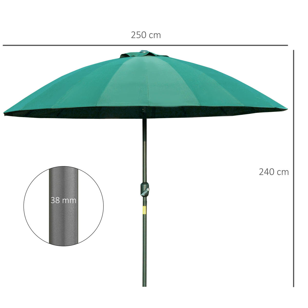 SONNENSCHIRM DE-11406 neigbar, mit Kurbel, 18 Streben Grün - Grün, Metall (255/255cm) - ComfortXL