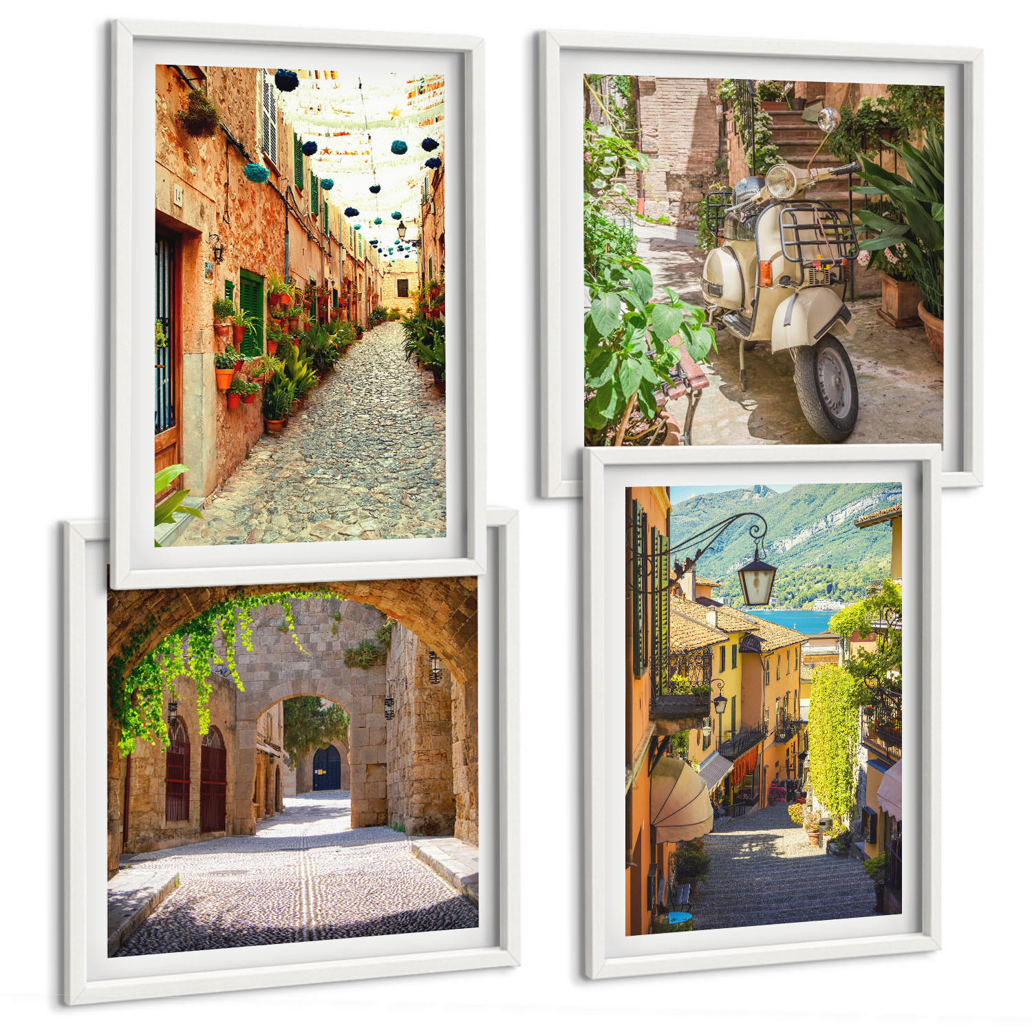 BILDER SET 4er Set - 50x50 cm & 40x60 cm Weißer Rahmen - Charmante Straßen und Pizza - Weiß, Kunststoff (50/50cm) - TULUP
