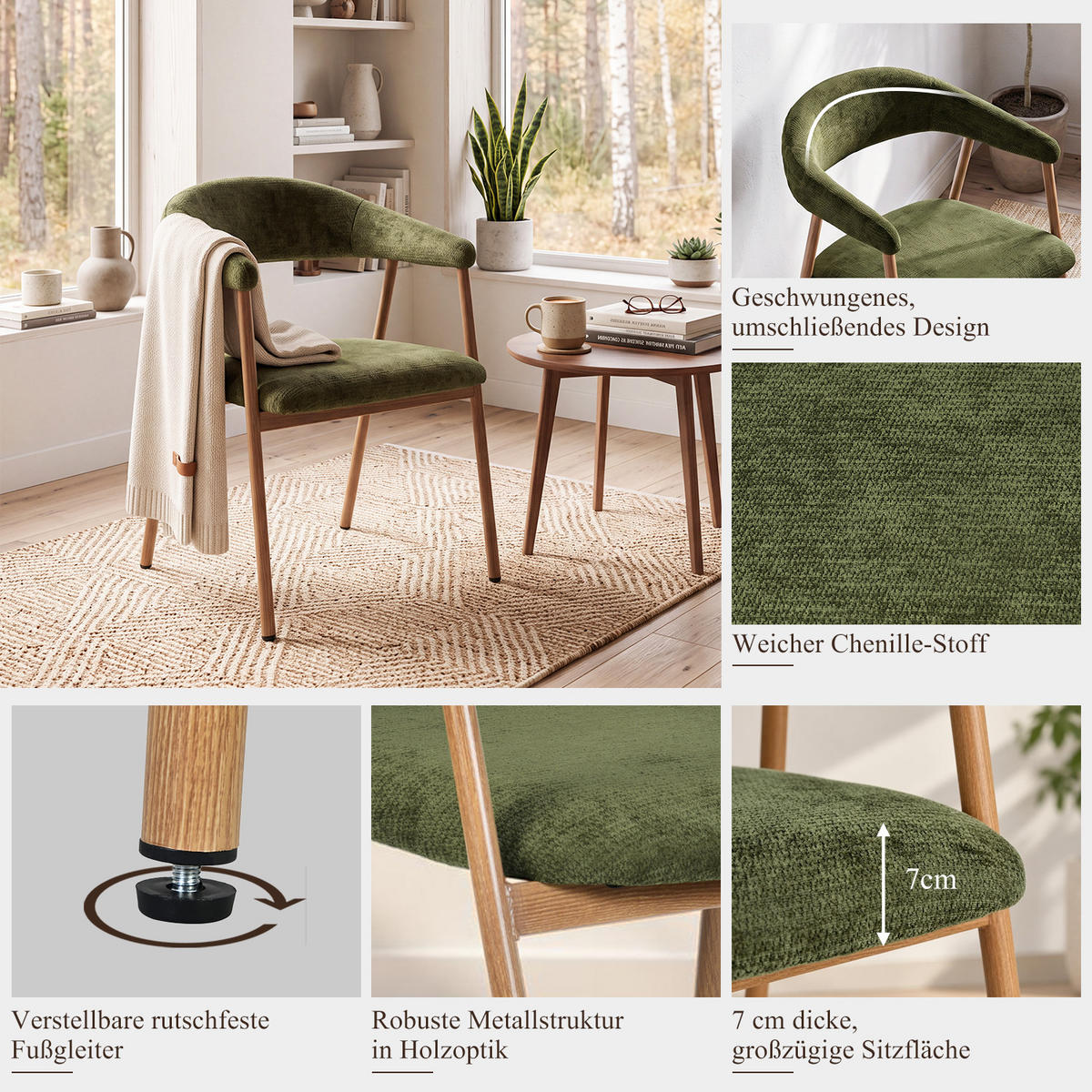 ESSZIMMERSTÜHLE 2er-Set, gepolstert, Chenille, Metallbeine in Holzoptik, Grün - Grün, Textil (61/80.5/59cm) - Meubles Cosy