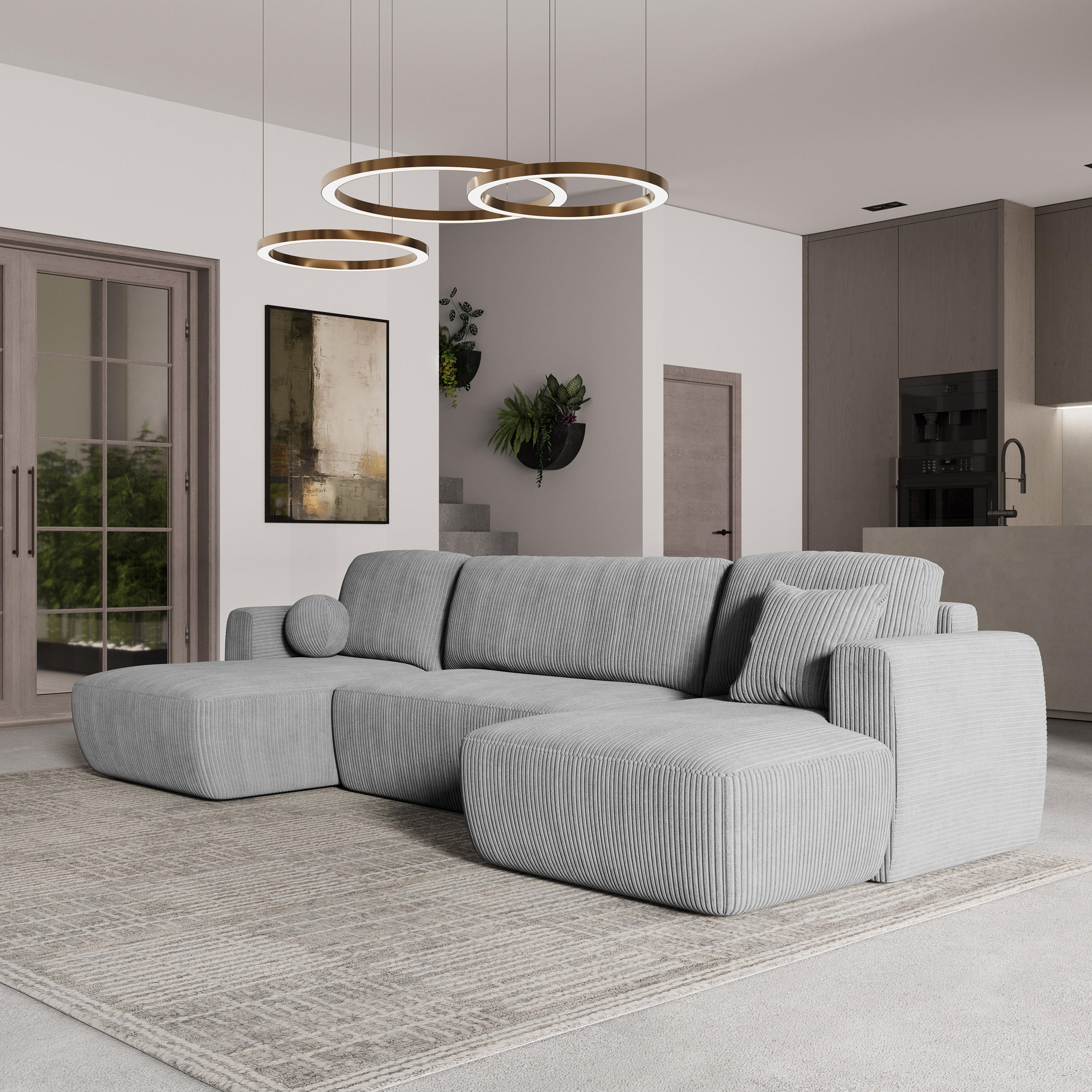 WOHNLANDSCHAFT SENTUM P Hellgrau Kordstoff mit Schlaffunktion - Hellgrau, Holz (330/90/148cm) - MASSENO