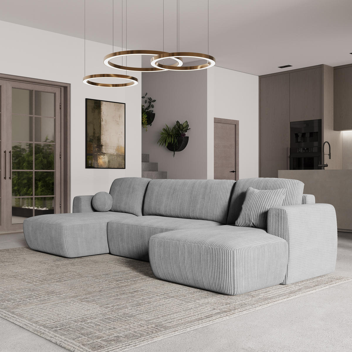 WOHNLANDSCHAFT SENTUM P Hellgrau Kordstoff mit Schlaffunktion - Hellgrau, Holz (330/90/148cm) - MASSENO