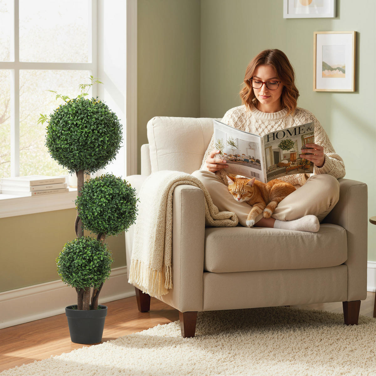 KÜNSTLICHE Buchsbaumkugel groß 100cm dreikugelig Kunstpflanze mit Holzstamm - Schwarz/Braun, Holz/Kunststoff (100cm) - HOMCOM