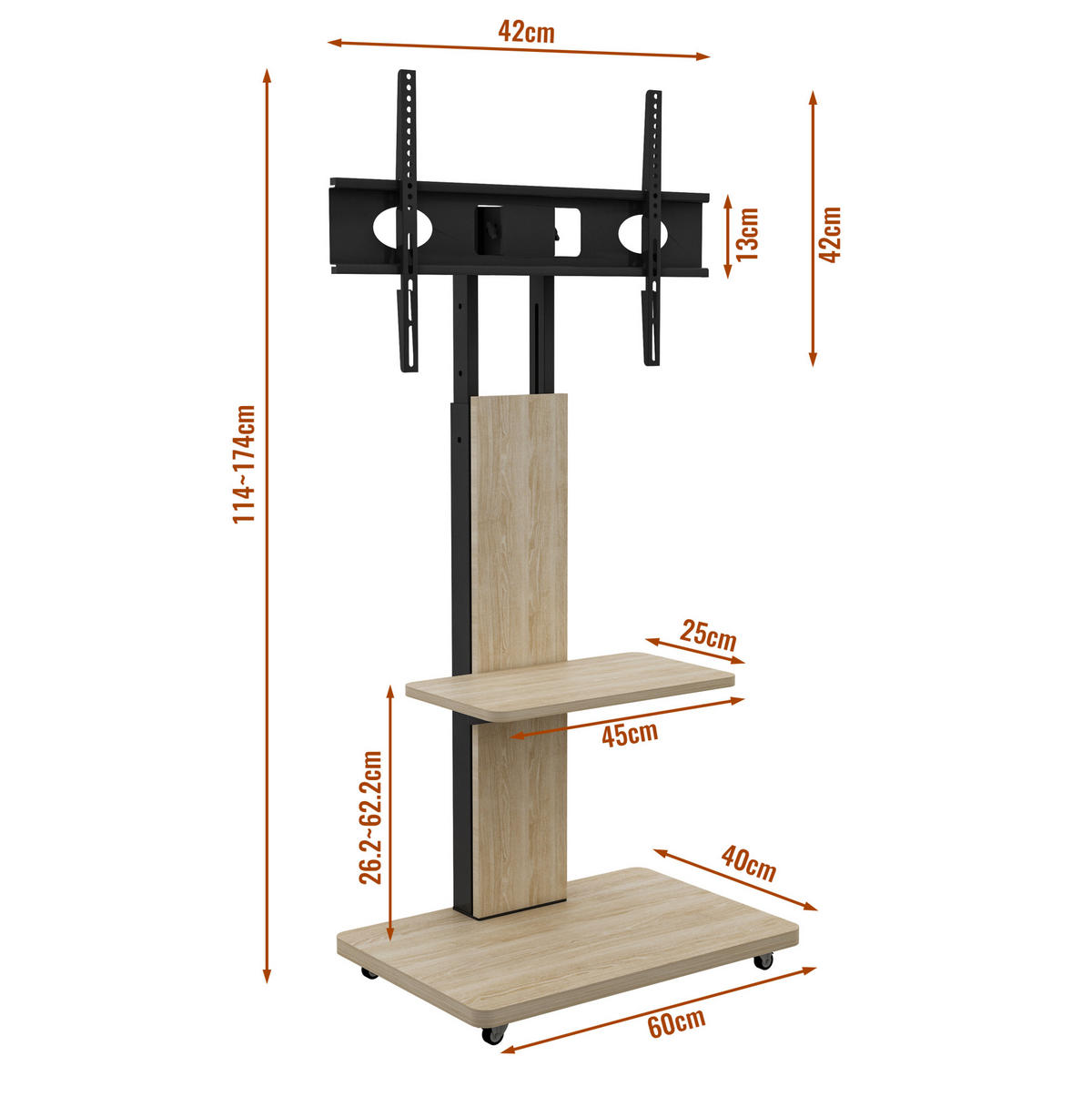 TV-STÄNDER 60/40/150 cm Natur aus MDF und Metall mit Rollen - Hellbraun, Holzwerkstoff (60/150/40cm) - OKWISH