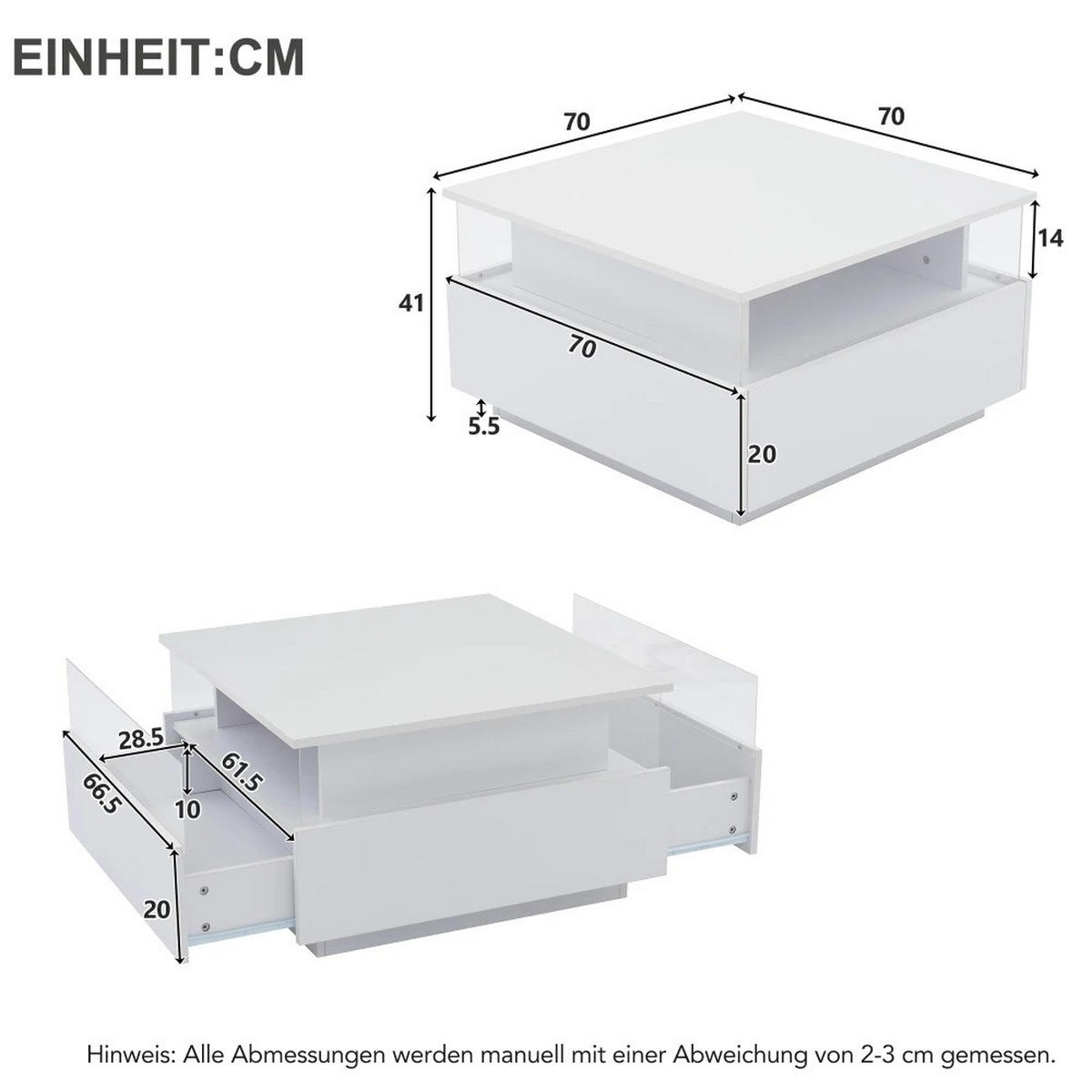 COUCHTISCH, Weiß, Hochglanz-LED, 70 x 70 x 41 cm, mit Schubladen - Weiß, Holzwerkstoff (70/70/41cm) - Kaket
