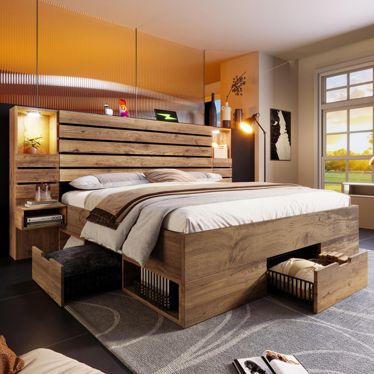 POSTEL 160/200 cm s LED osvětlením, USB a Type-C porty, osvětlenou nikou a závěsnými nočními stolky, Dubová - barva dubu, kompozitní dřevo (160/200cm) - Redom