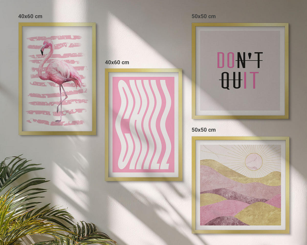 BILDER SET 4er Set - 50x50 cm & 40x60 cm Goldrahmen - Pastellfarbene Berglandschaft mit rosa Flamingos - Goldfarben, Kunststoff (50/50cm) - TULUP