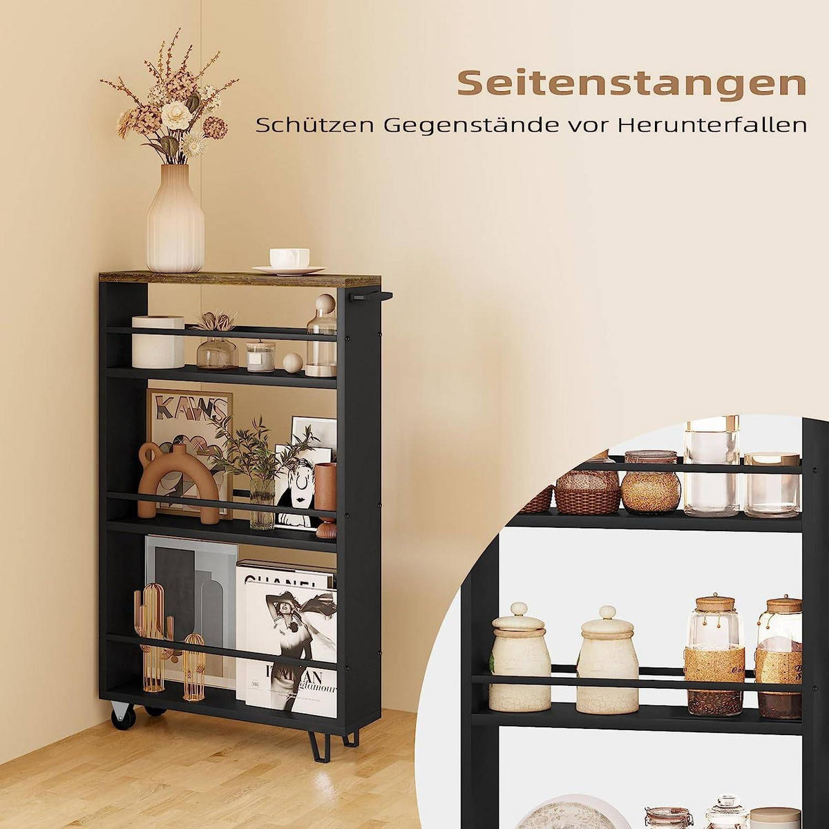 KÜCHENWAGEN mit 3 Ebenen, Griff und Bremsen ,Schwarz - Schwarz, Holzwerkstoff/Metall (47/80/13cm) - Woltu