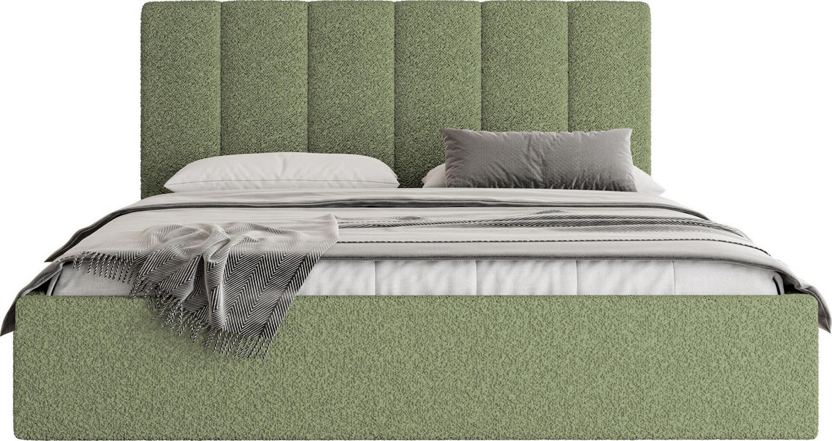 POLSTERBETT Amira Slim mit Bettkasten, Grün Boucle 200x200 cm - Birkefarben/Schwarz, Holz/Holzwerkstoff (200/200cm) - WFL GROUP