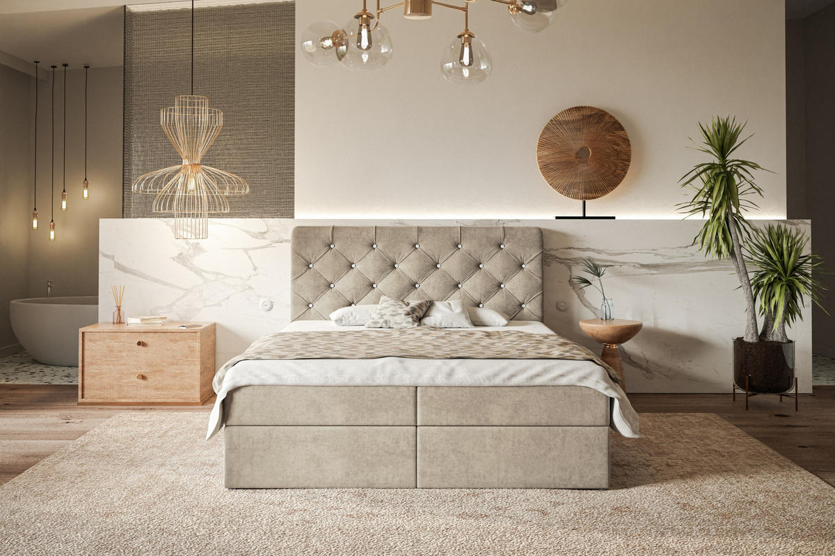 BOXBETT BOSTON mit 2 Bettkästen, 140x200, Farbe: Sand, Velourstoff, Doppelbett mit Bonell-Matratze - Sahara, Holz/Kunststoff (140/200cm) - Alpi-Möbel