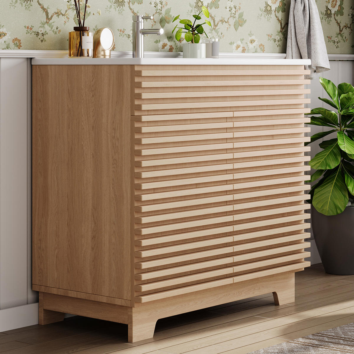 WASCHTISCHKOMBI 91/46/80 cm Natürlich mit 2 Schranktüren, ohne Wasserhahn - Naturfarben, Holz/Holzwerkstoff (46/80/91cm) - Oxeza