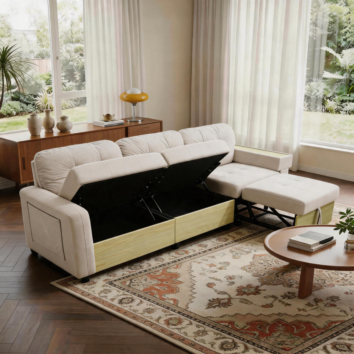 ECKSOFA 228/115/78 cm Beige mit ausziehbarer Ottomane, USB-Anschluss und Stauraum - Beige, Textil (228/80cm) - Oxeza