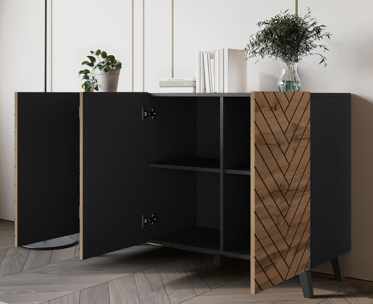 KOMMODE Phuket Graphit Schwarz / Wotan Eiche, Fischgrätenmuster 120 / 39 / 76 cm - Eiche Wotan/Schwarz, Holz/Holzwerkstoff (120/76/39cm) - Feldmann-Wohnen