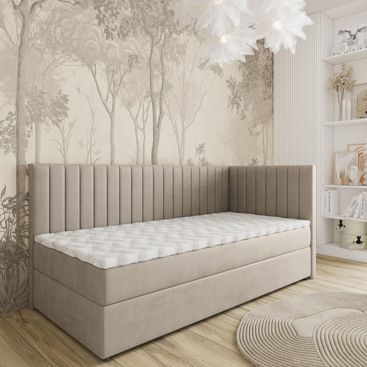 BOXBETT ARIS 80x200 cm mit Matratze und Topper, H2+H3 - Beige - Beige, Holz (80/200cm) - MASSENO