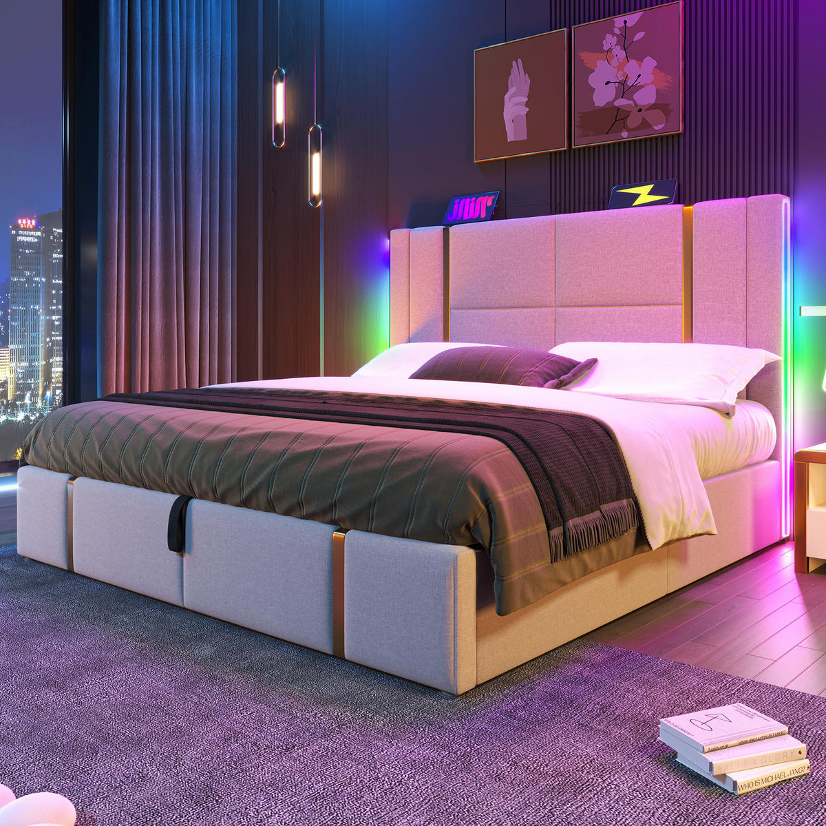 POLSTERBETT 160/200 cm mit Bettkasten, RGB-LED & USB/Typ-C am Kopfteil, Beige Leinen - Beige, Textil (160/200cm) - Redom