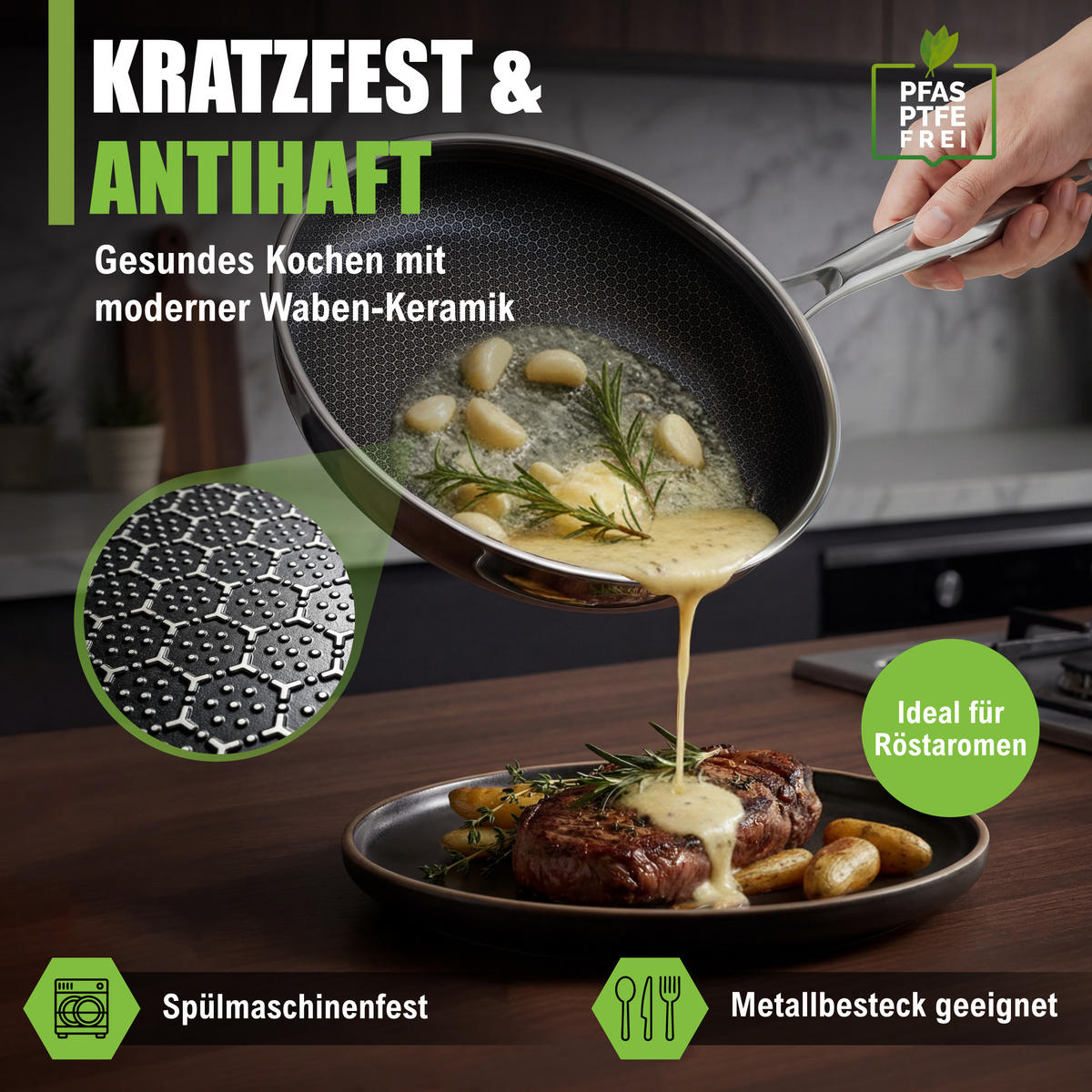 MORLEOS Keramikbratpfanne Wabenstruktur Antihaft Ø26 cm - Silberfarben, Metall (26cm) - Muvell