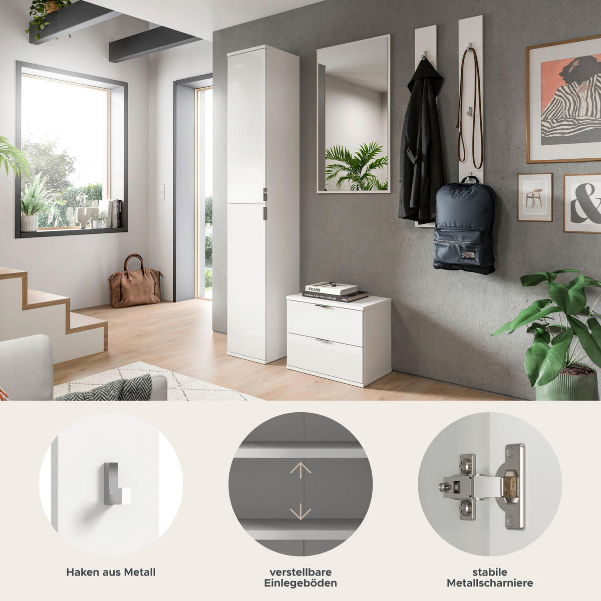 GARDEROBENKOMBINATION 5tlg. Projekt X Garderobe in weiß Nb. und weiß hochglanz B/H/T: 148x193x34 cm - Weiß, Holzwerkstoff (148/191/37cm)