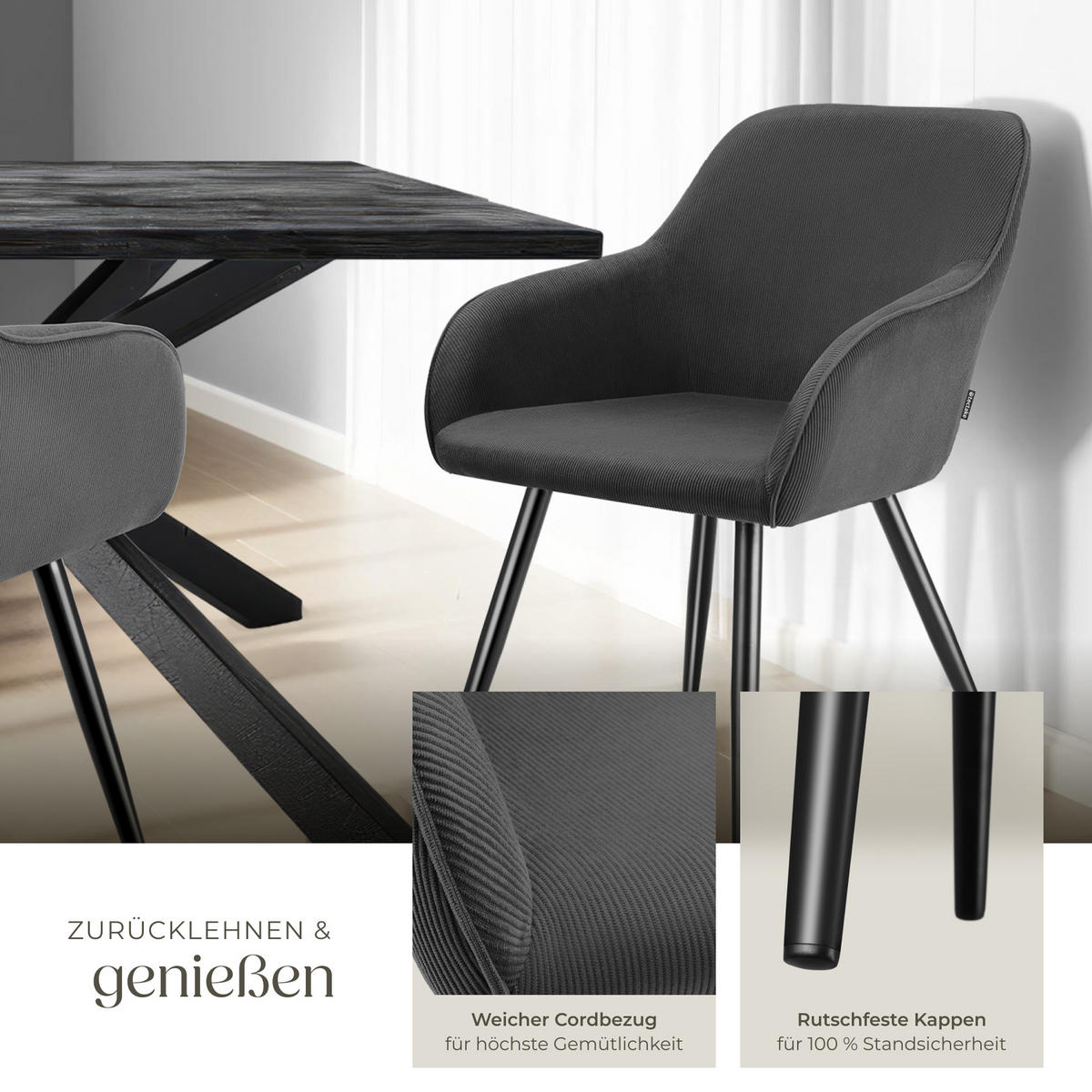 ESSZIMMERSTUHL 4er Set Marilyn 58 x 62 x 82 cm anthrazit/schwarz - Anthrazit/Schwarz, Kunststoff (62/82/58cm) - tectake