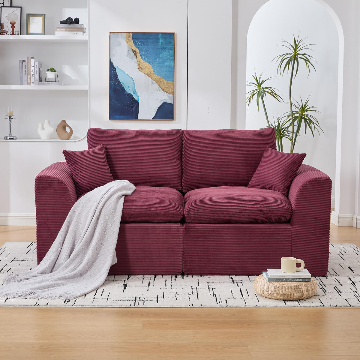 2-SITZER SOFA Cord Weinrot mit Kissen - Weinrot, Textil (204/84/102.5cm) - WISHDOR