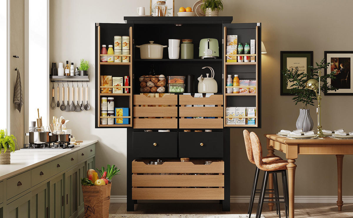 BUFFETSCHRANK Kombi Schwarz/Weiß 80/40/140 cm - Schwarz, Holz (80/140/40cm) - PANGIVO